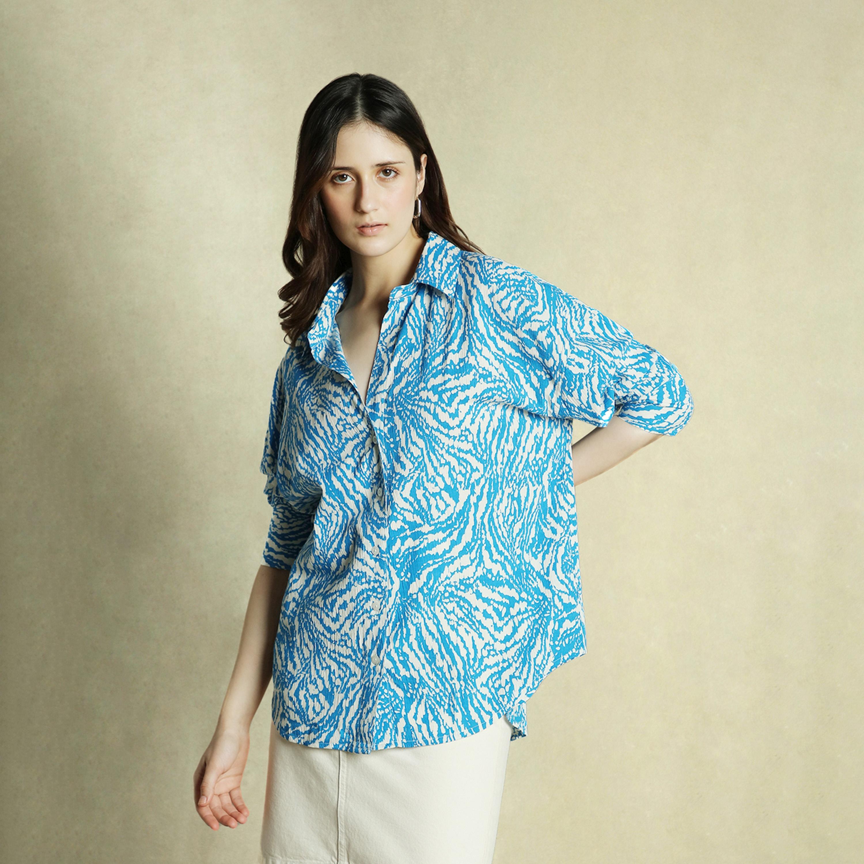 Dennis Lingo X Styli Cobalt Blue Printed Shirt for Women - Oversized Fit, Stylish-women-clothing-shirtsandblouses-shirts-image-2
