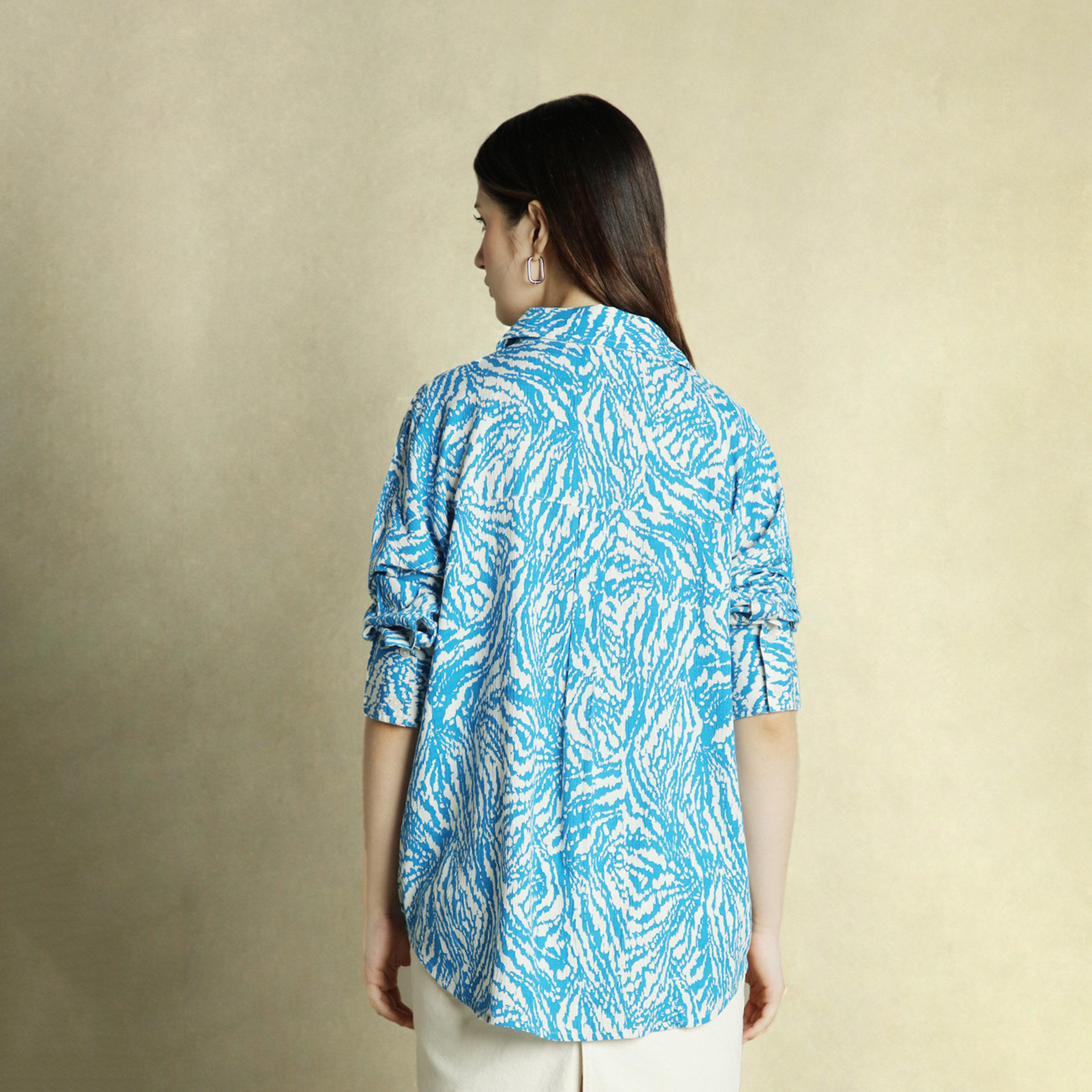 Dennis Lingo X Styli Cobalt Blue Printed Shirt for Women - Oversized Fit, Stylish-women-clothing-shirtsandblouses-shirts-image-3