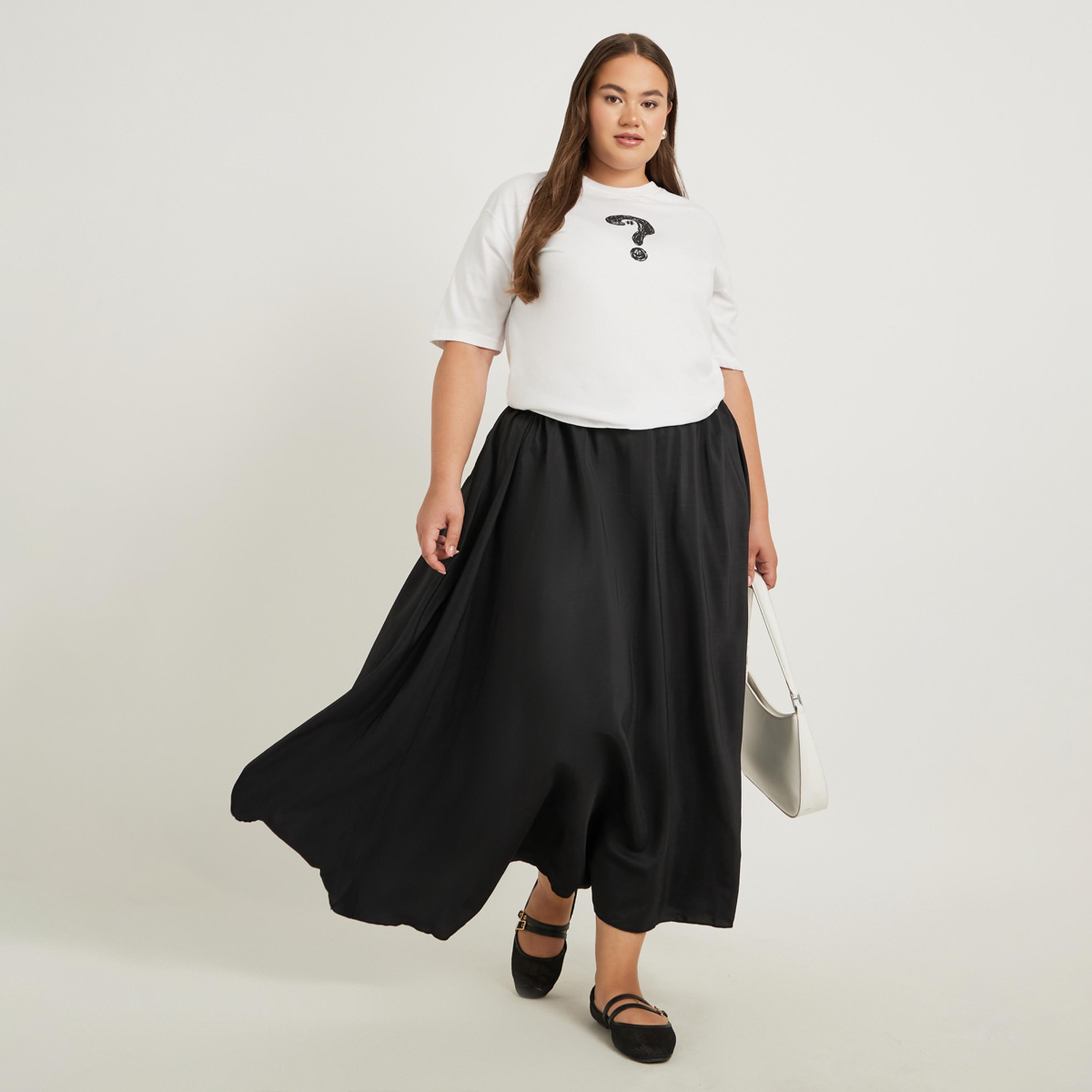 ستايلي - تنورة ماكسي سادة بمقاس كبير وقصّة A مع حزام خصر مطاطي-women-clothing-bottoms-skirts-image-2