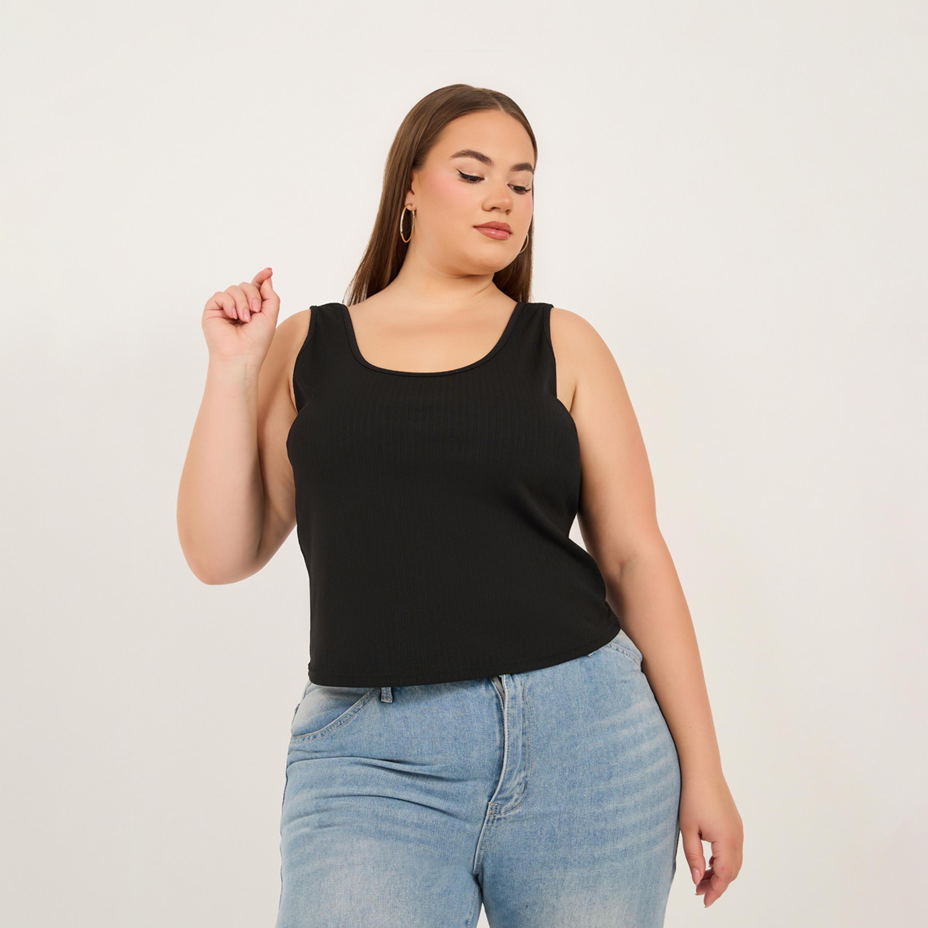 ستايلي - قميص جيرسي بدون أكمام بقصة ضيقة وياقة دائرية مقاس كبير-women-clothing-nightwear-pyjamas-tops-image-2