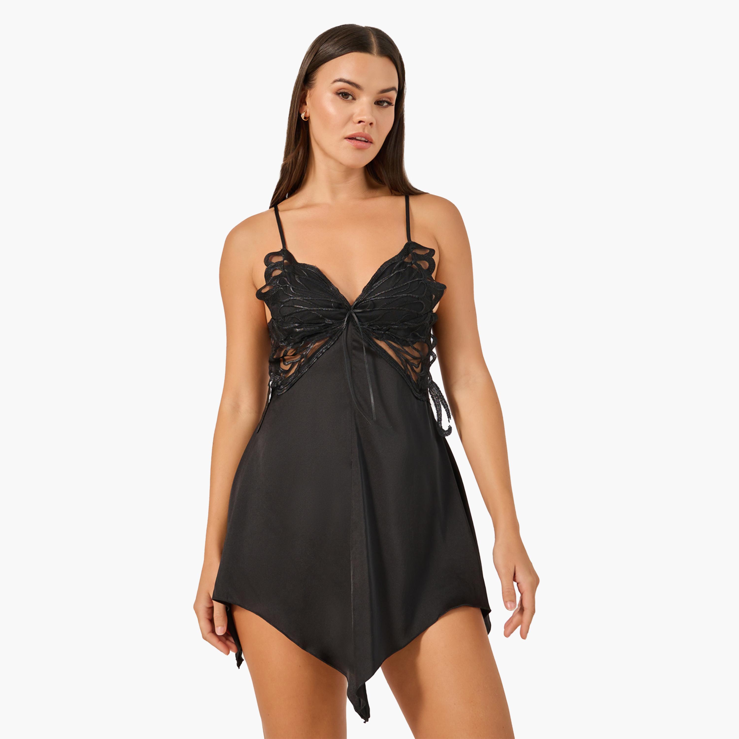 ستايلي-  بيبي دول بتفاصيل فراشة مع حاشية منديل-women-clothing-lingerie-babydollsandbodysuits-image-1