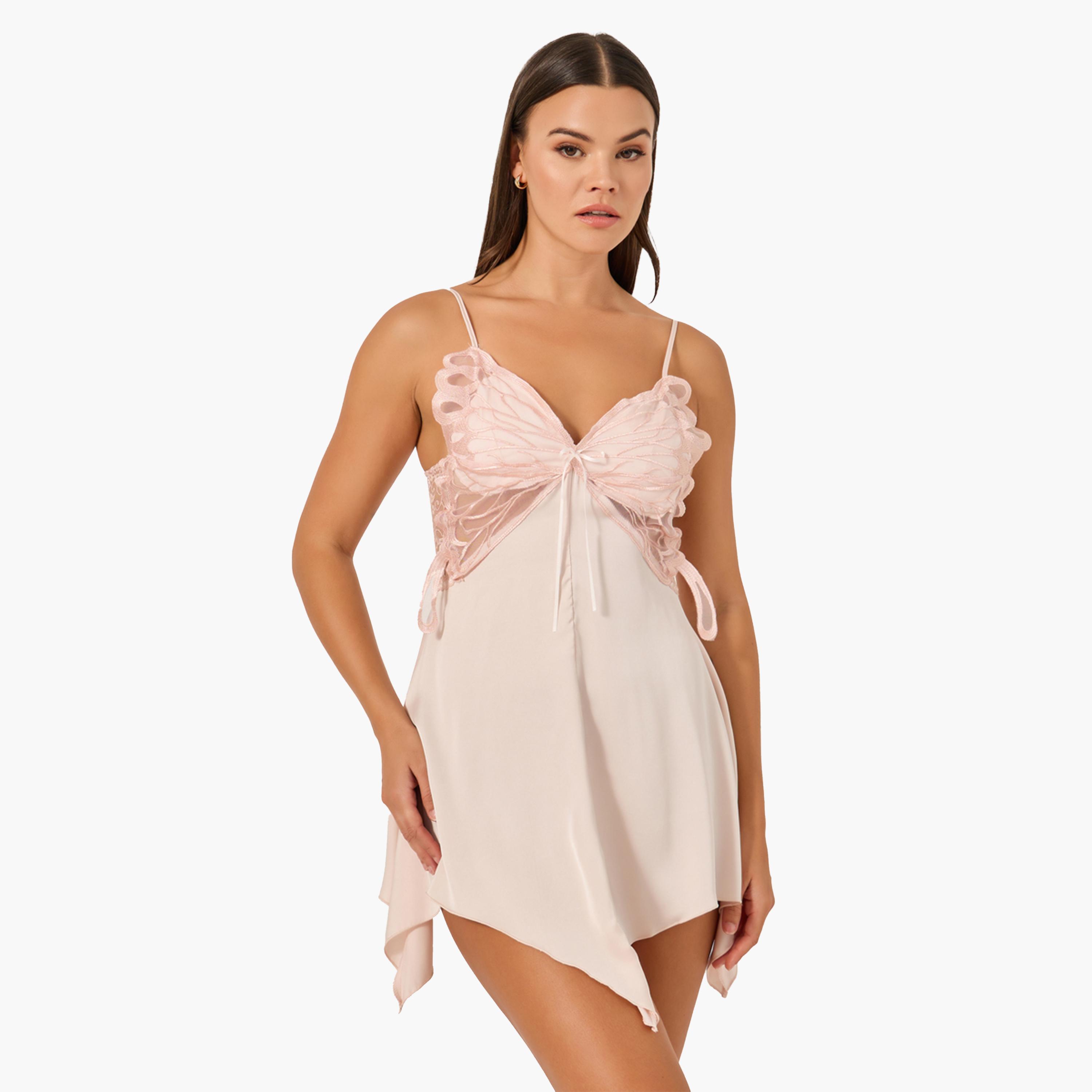 ستايلي-  بيبي دول بتفاصيل فراشة مع حاشية منديل-women-clothing-lingerie-babydollsandbodysuits-image-1