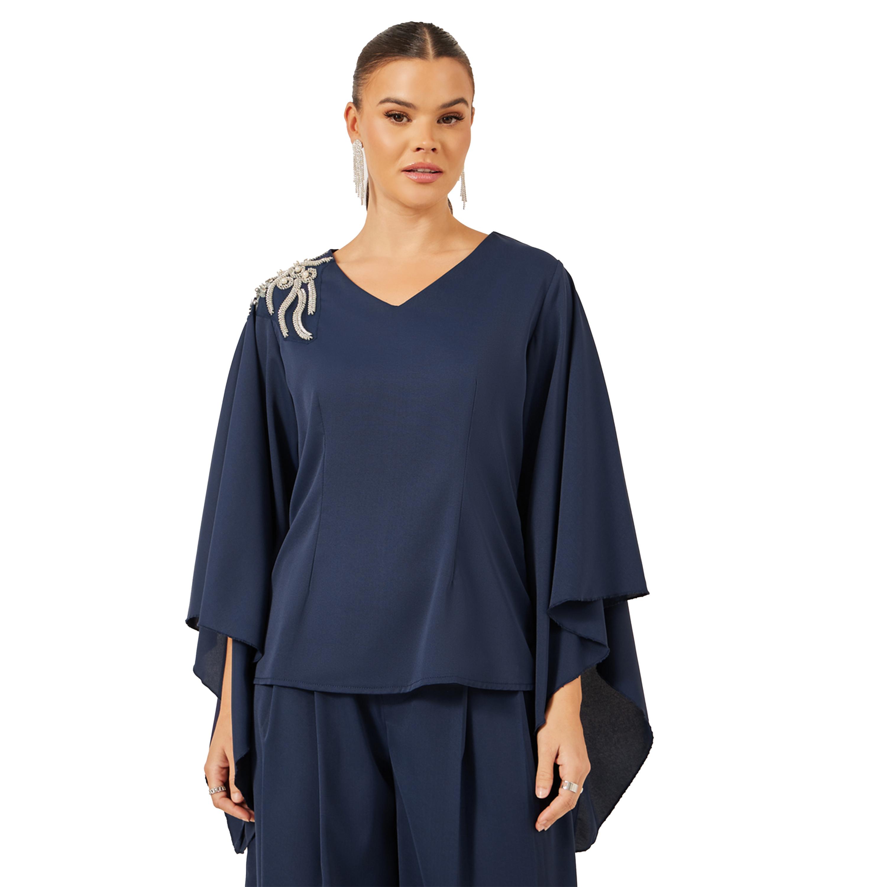 ستايلي - طقم من بلوزة مزينة بياقة V وبنطال واسع الساق-women-clothing-coordsets-image-2