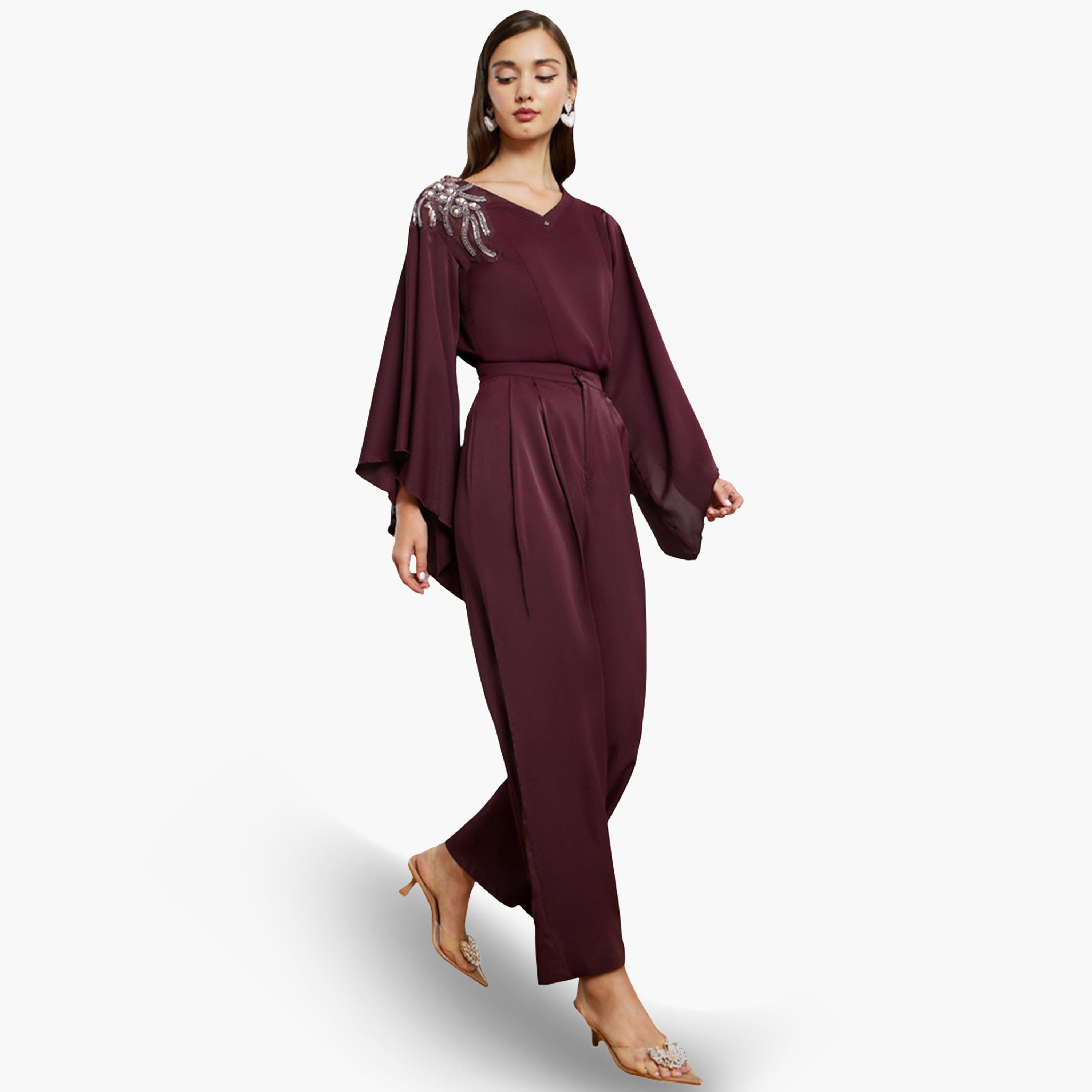 طقم منسق من بنطال بأرجل واسعة وبلوزة منمقة-women-clothing-coordsets-image-3