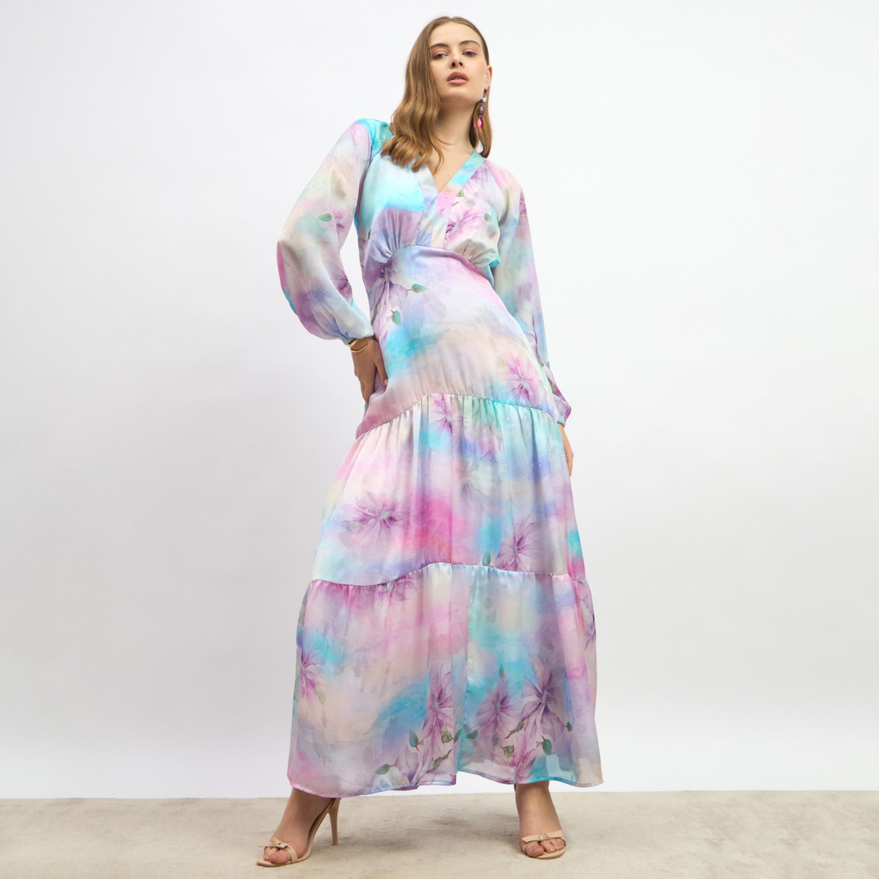 ستايلي - فستان ماكسي بقصة حورية البحر بأكمام طويلة وطبعة زهور-women-clothing-dresses-image-1