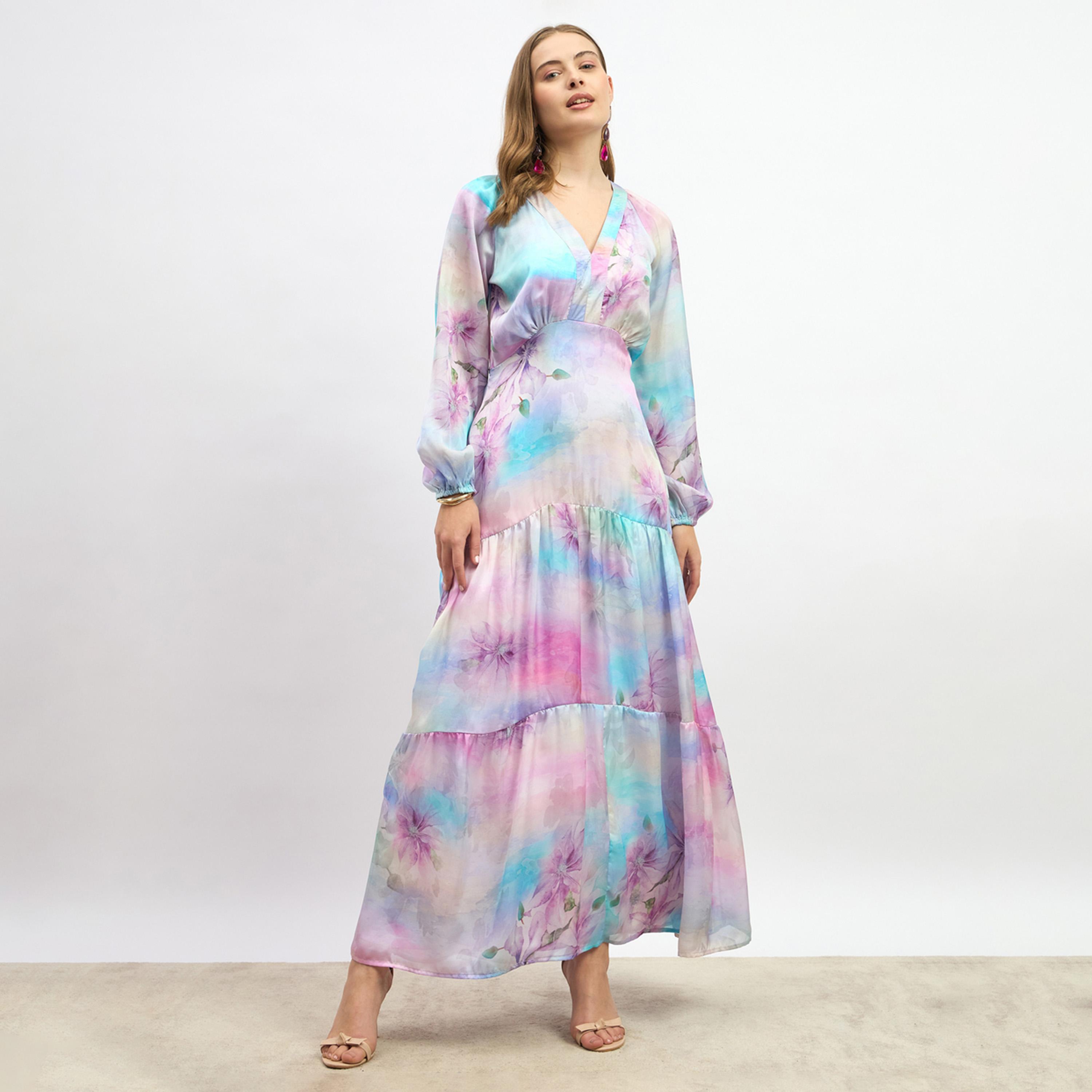 ستايلي - فستان ماكسي بقصة حورية البحر بأكمام طويلة وطبعة زهور-women-clothing-dresses-image-2