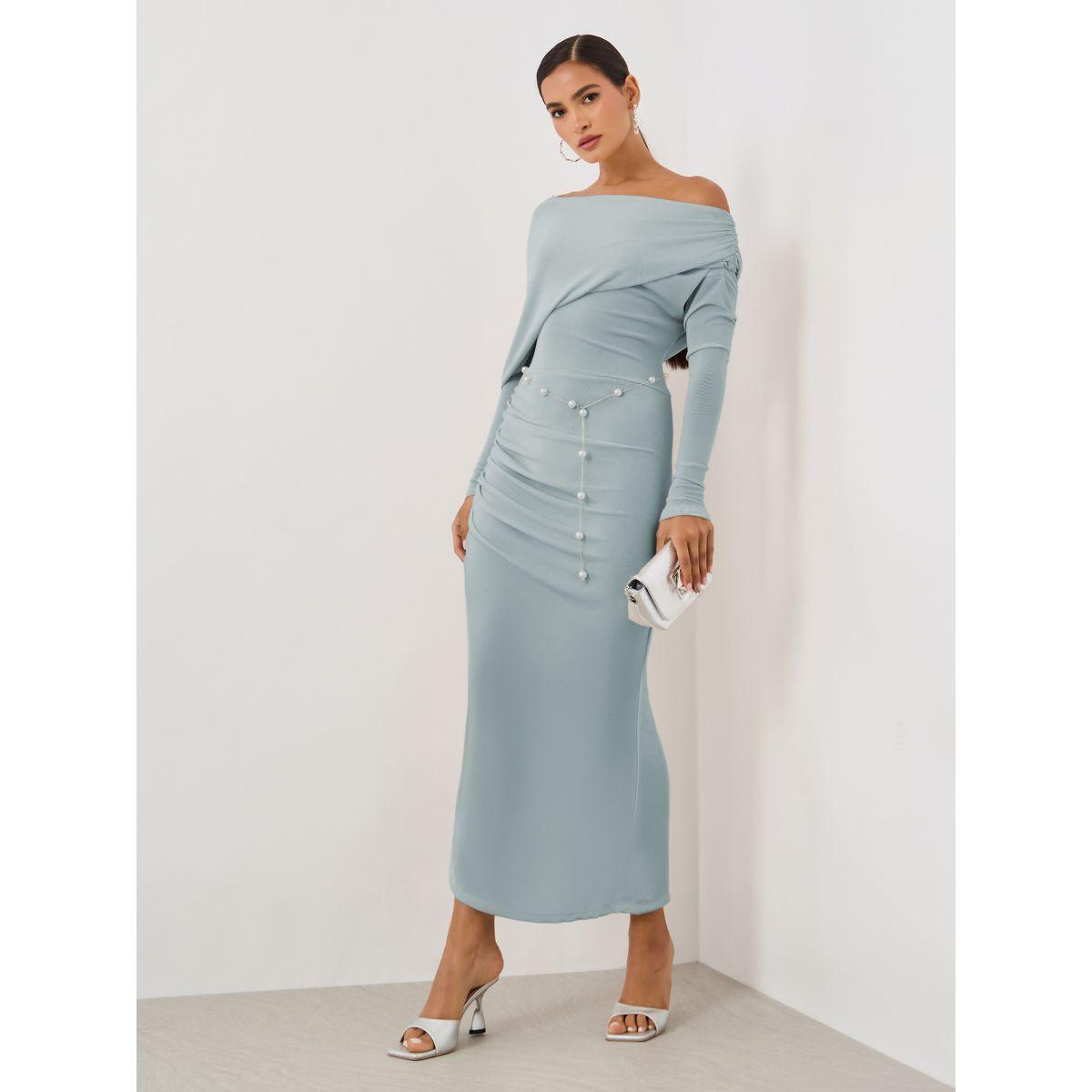 Styli Plain Long Sleeves Midi Dress with Pearl Belt-women-clothing-dresses-image-1