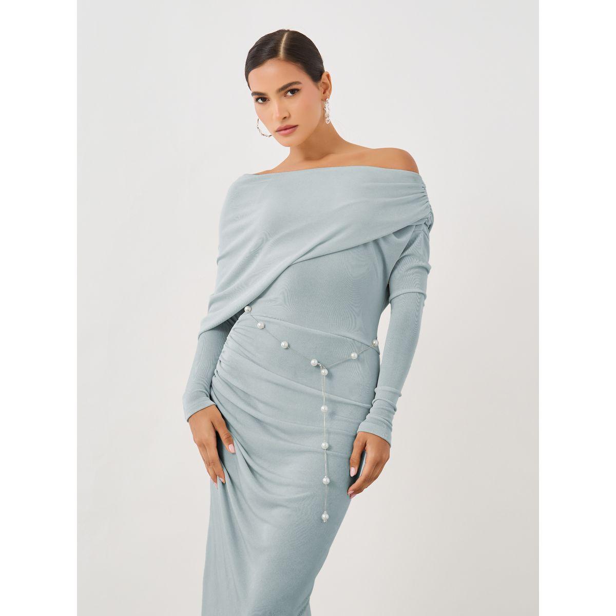 Styli Plain Long Sleeves Midi Dress with Pearl Belt-women-clothing-dresses-image-2