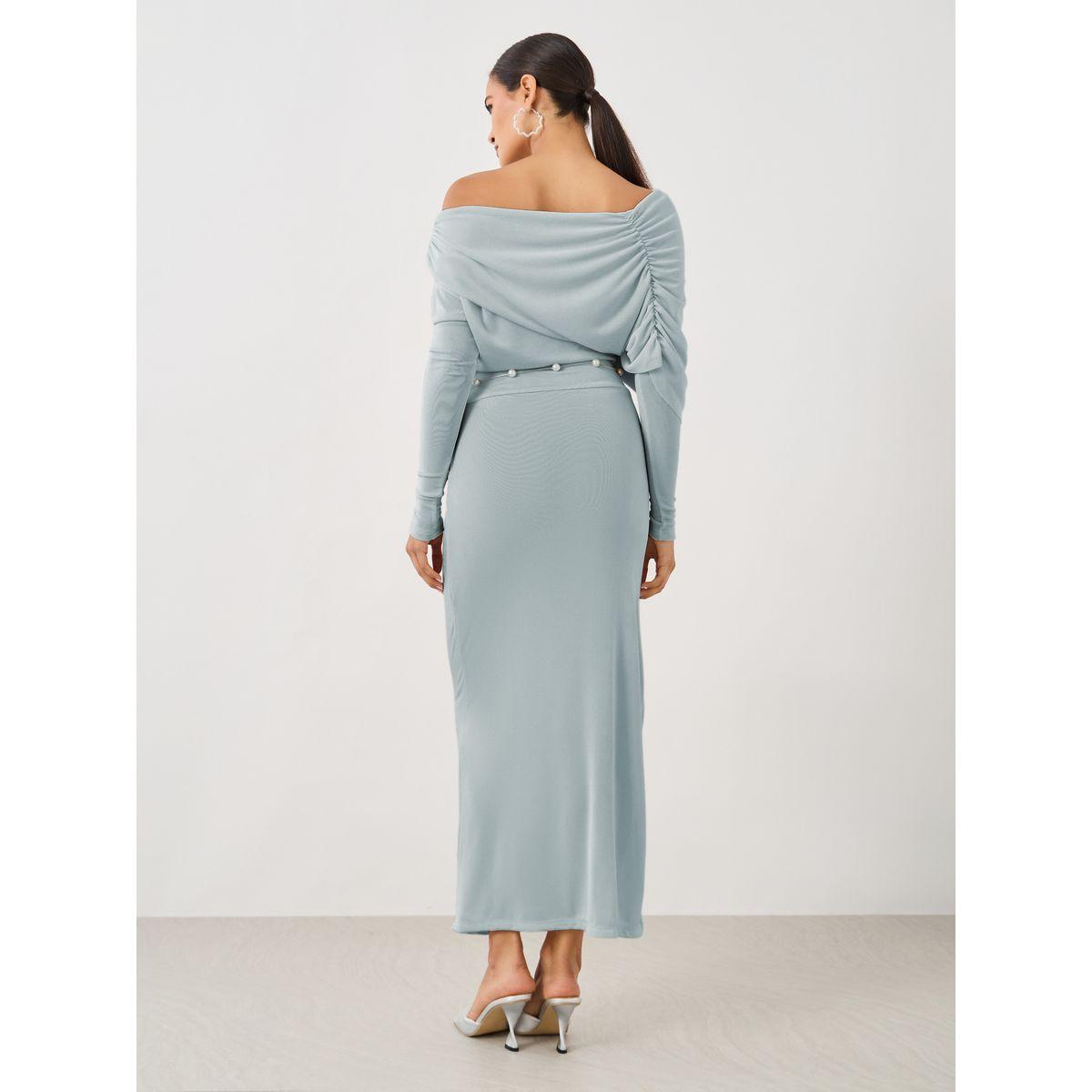 فستان ميدي سادة بأكمام طويلة وحزام بلؤلؤ صناعي-women-clothing-dresses-image-4
