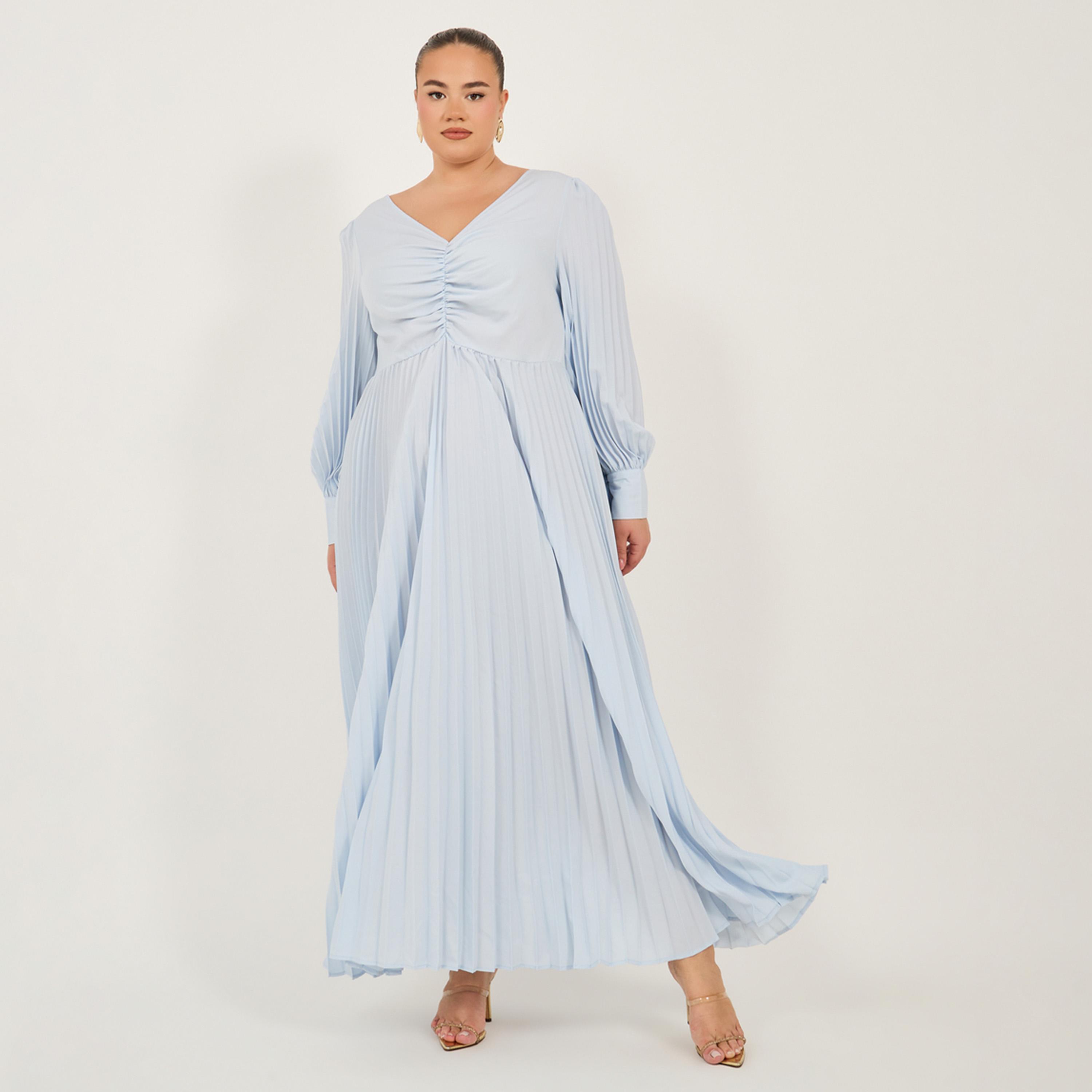 ستايلي - فستان ماكسي بأكمام طويلة وثنيات وقصة A بمقاسات كبيرة-women-clothing-dresses-image-1