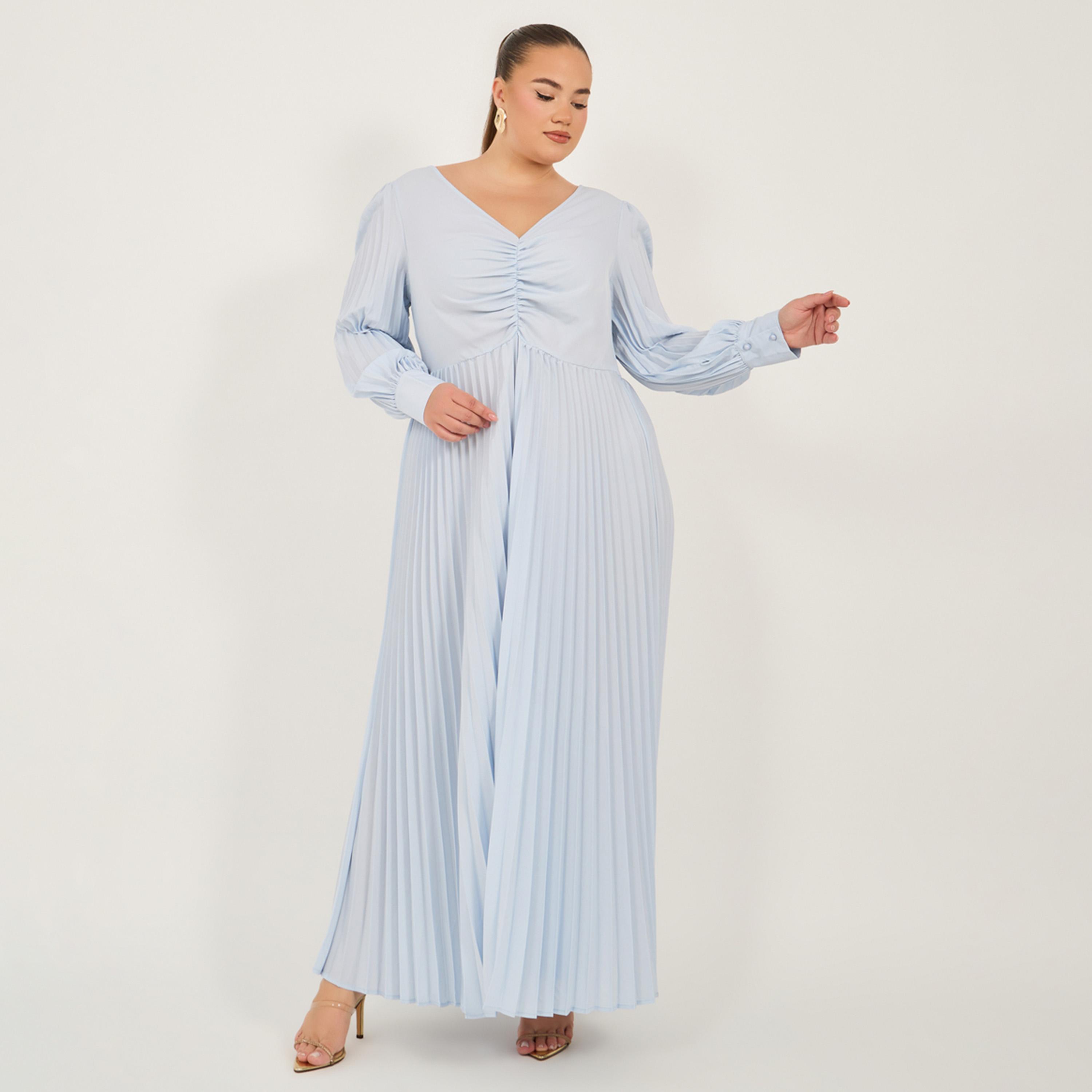 ستايلي - فستان ماكسي بأكمام طويلة وثنيات وقصة A بمقاسات كبيرة-women-clothing-dresses-image-2