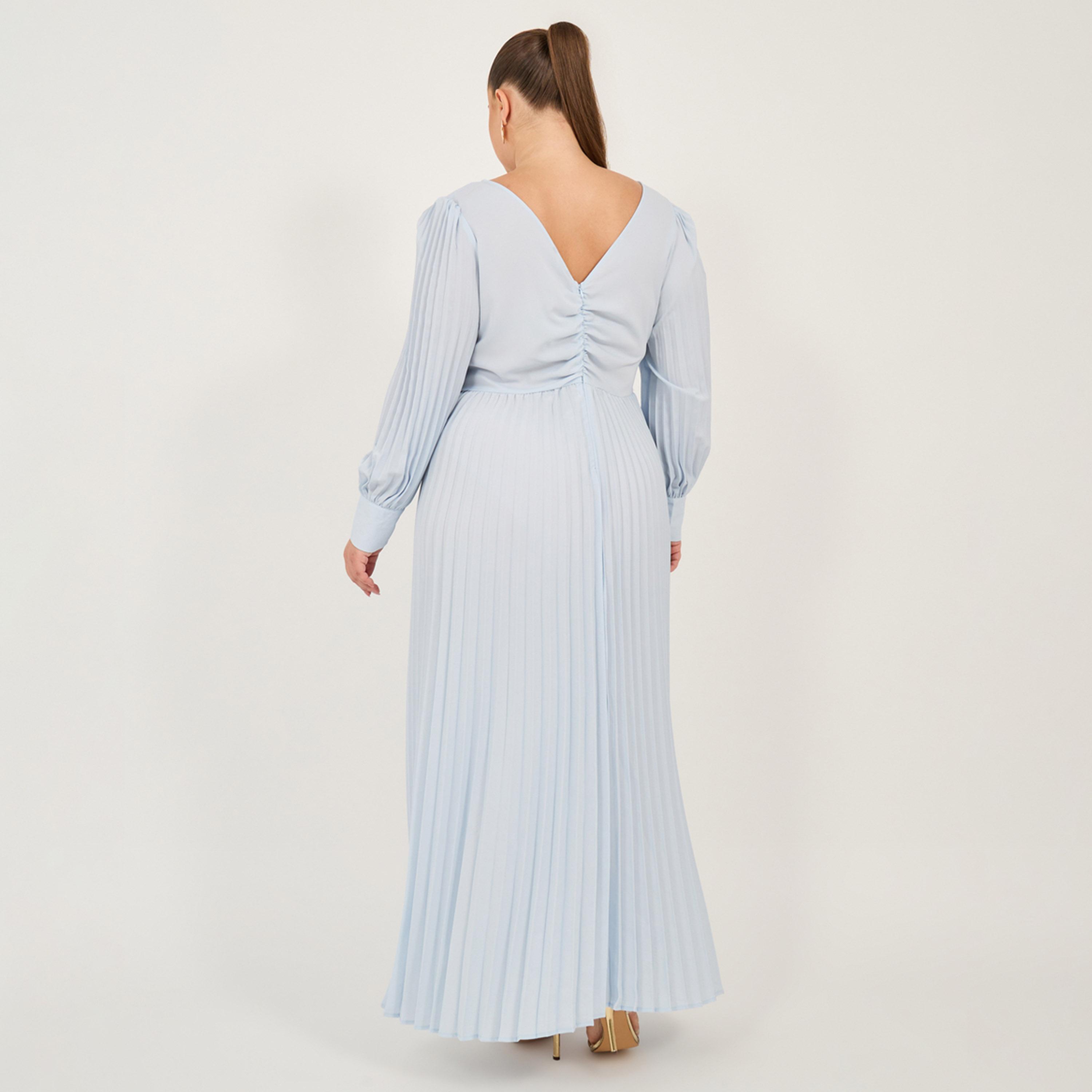 ستايلي - فستان ماكسي بأكمام طويلة وثنيات وقصة A بمقاسات كبيرة-women-clothing-dresses-image-5
