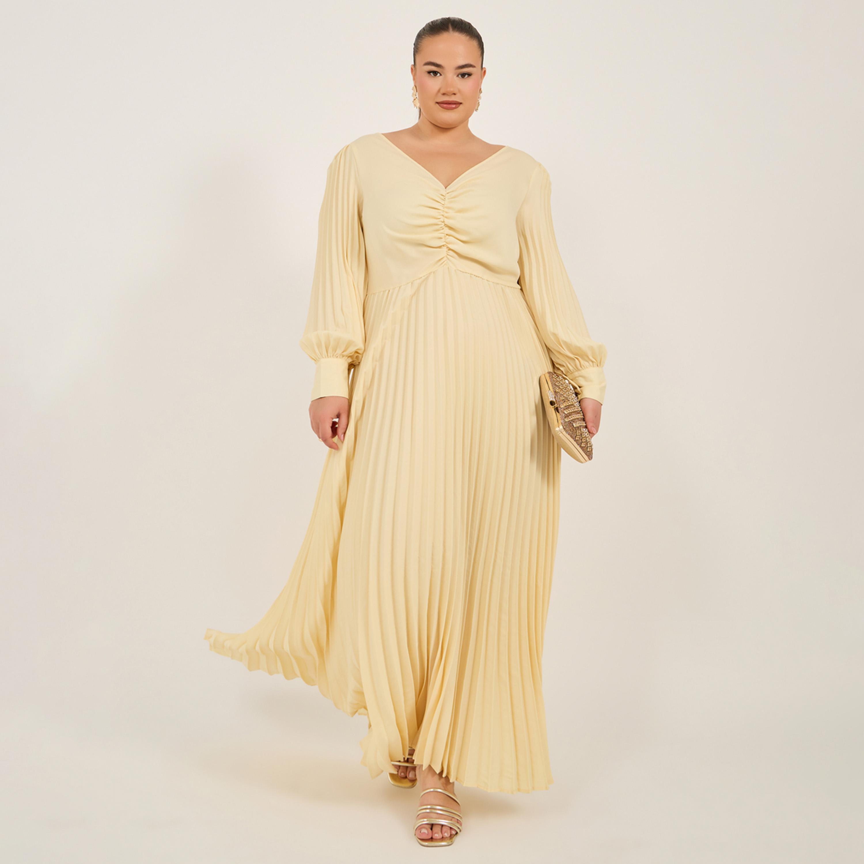 ستايلي - فستان ماكسي بأكمام طويلة وثنيات وقصة A بمقاسات كبيرة-women-clothing-dresses-image-1