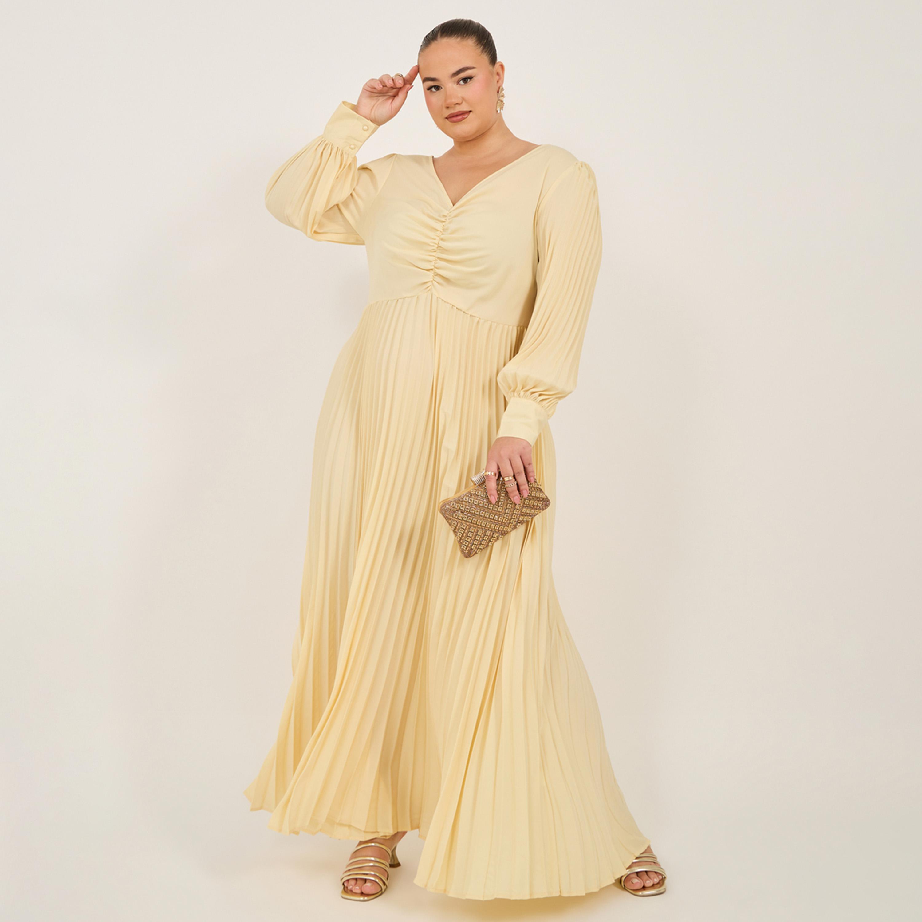 ستايلي - فستان ماكسي بأكمام طويلة وثنيات وقصة A بمقاسات كبيرة-women-clothing-dresses-image-2