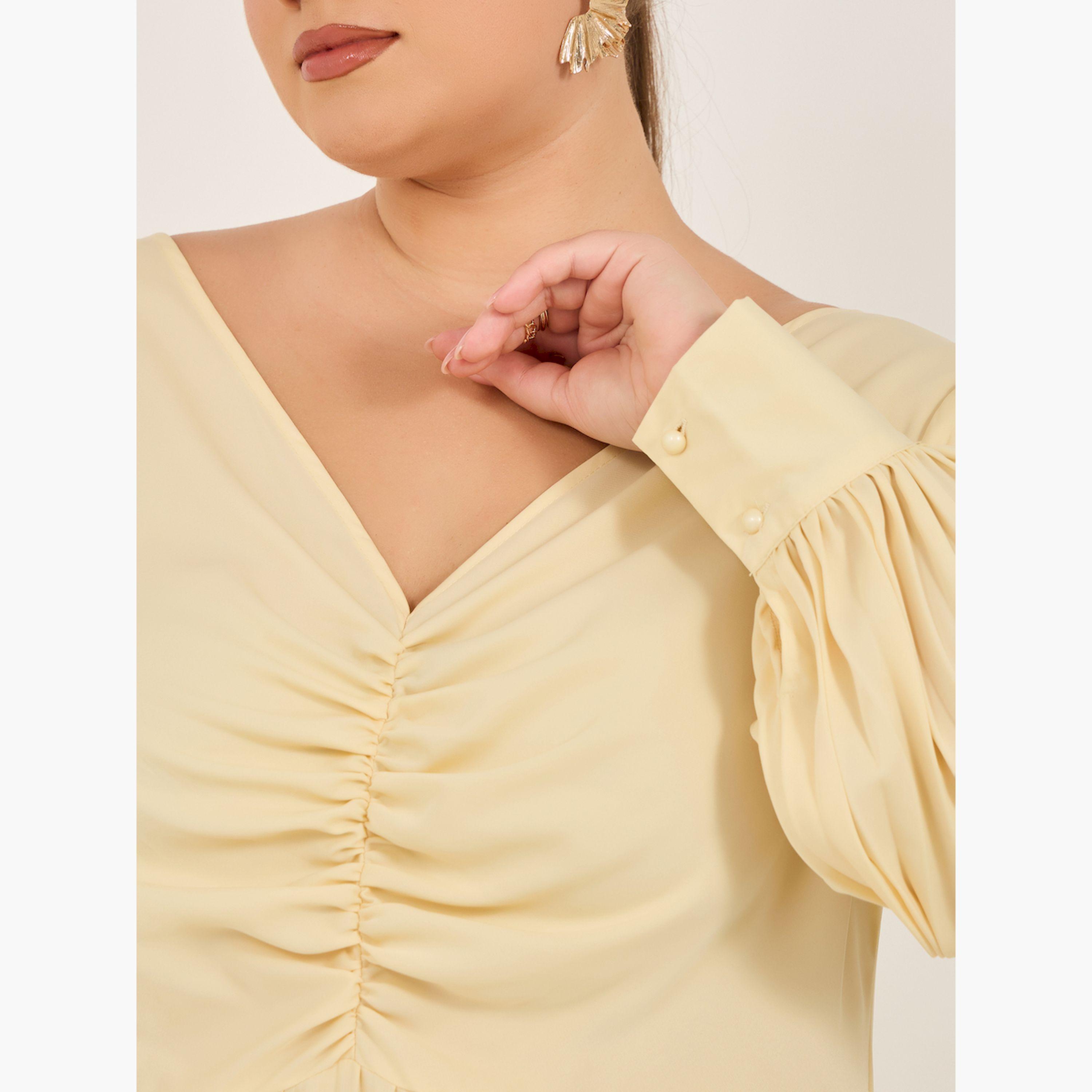 ستايلي - فستان ماكسي بأكمام طويلة وثنيات وقصة A بمقاسات كبيرة-women-clothing-dresses-image-4