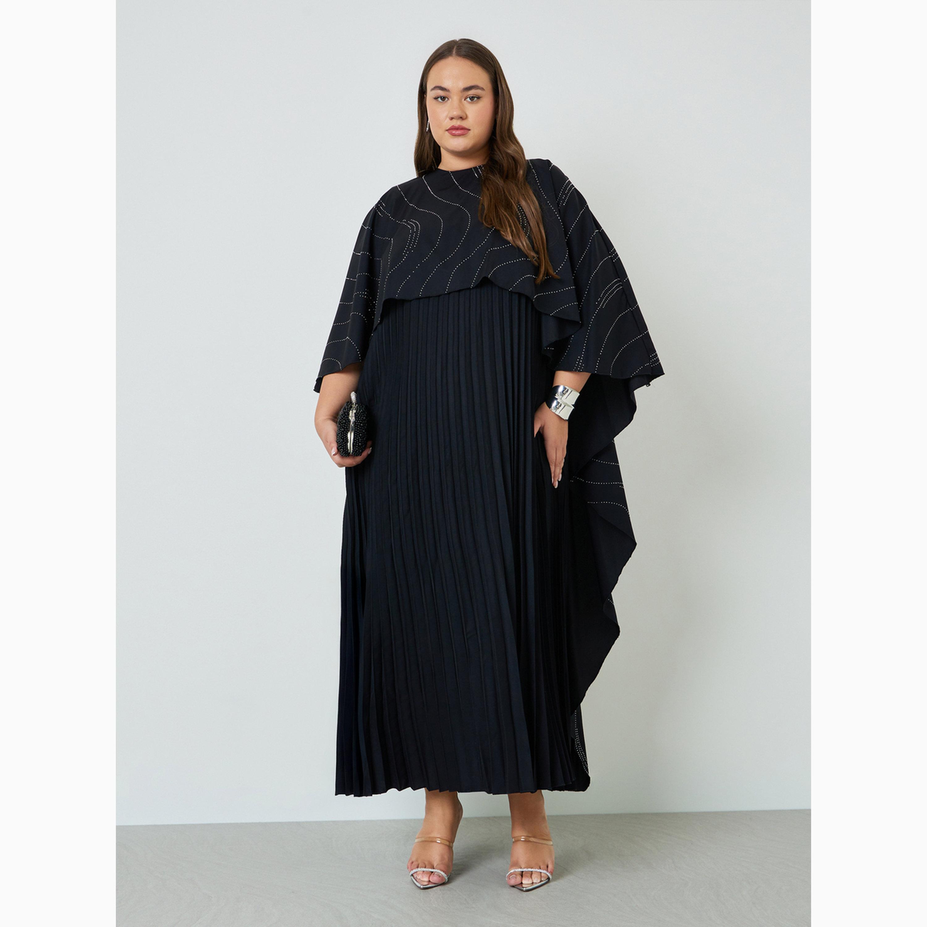 Styli Plus Size Cape Sleeve Pleated Maxi Dress-women-clothing-dresses-image-1