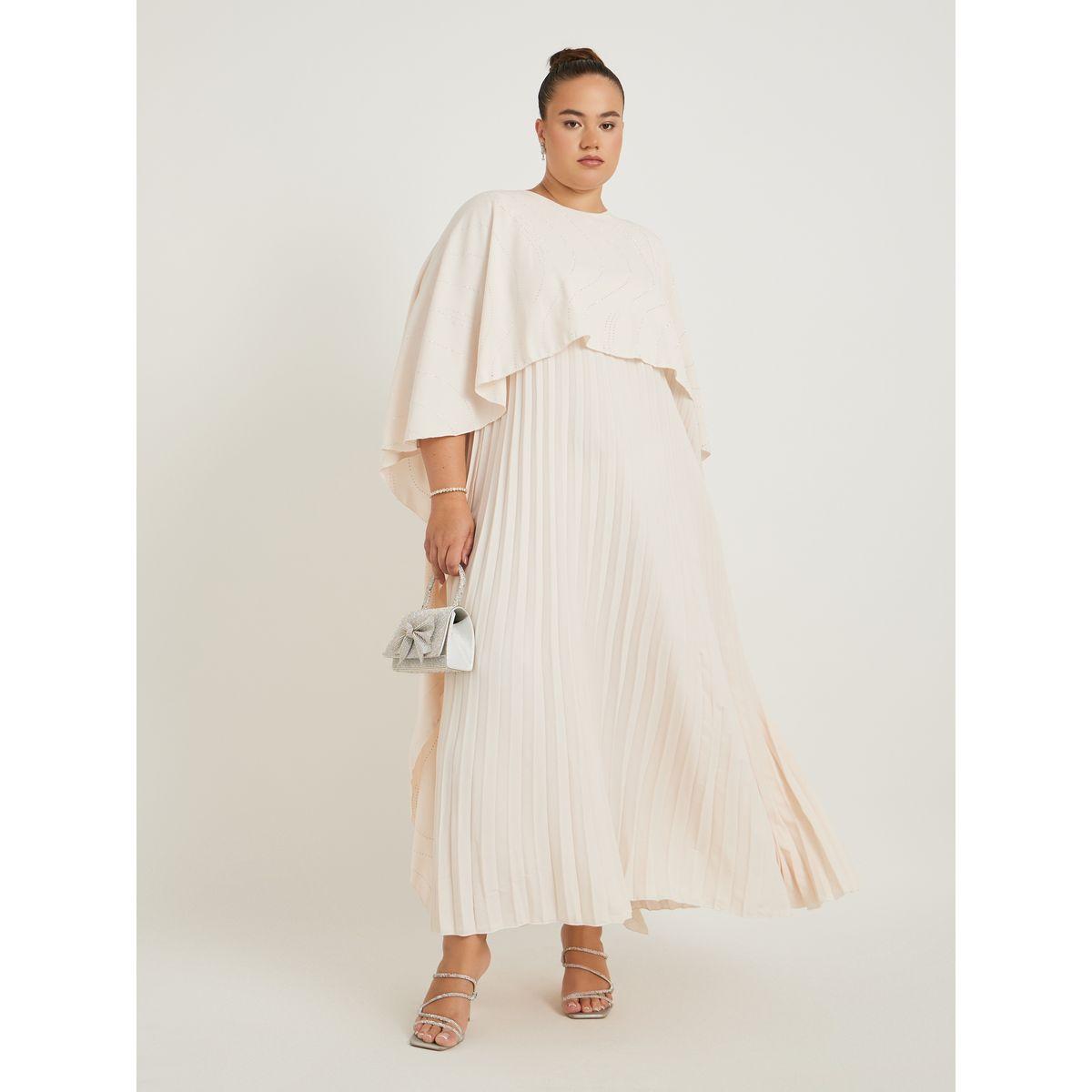Styli Plus Size Plain Pleated Cape Maxi Dress-women-clothing-dresses-image-1