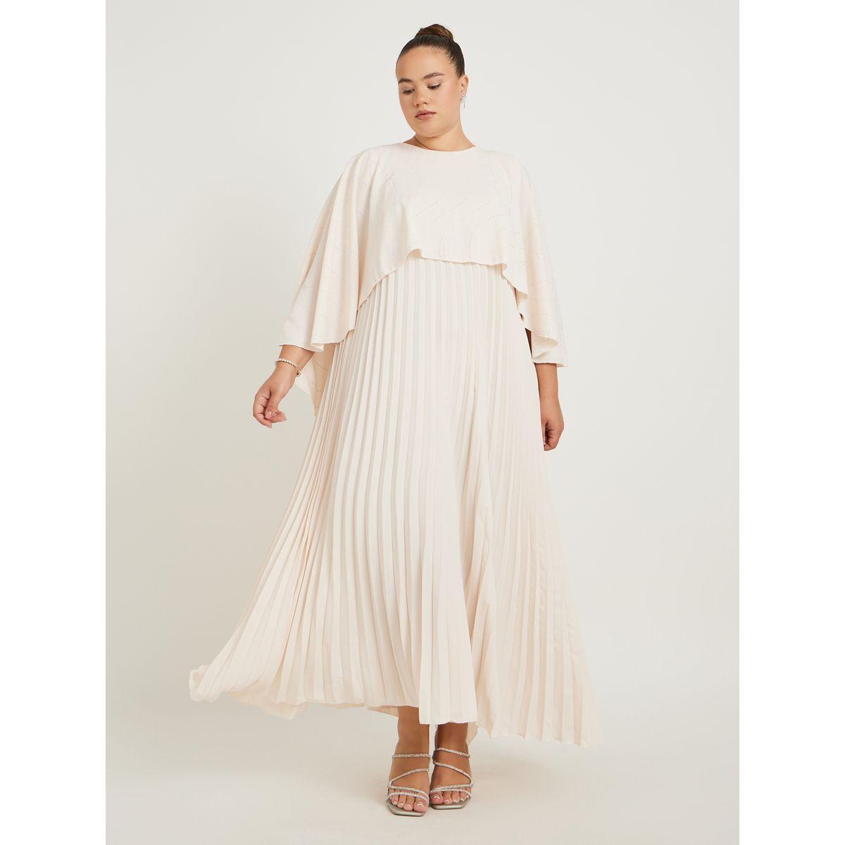 Styli Plus Size Plain Pleated Cape Maxi Dress-women-clothing-dresses-image-2