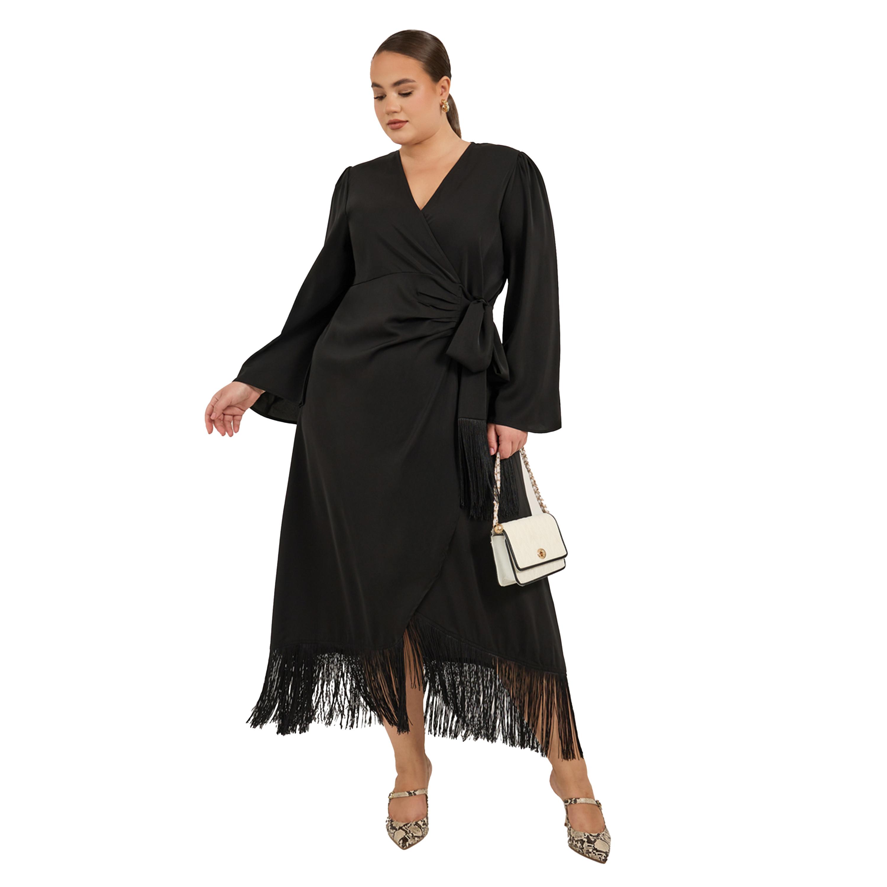 ستايلي - فستان ماكسي بأكمام طويلة ومقاس كبير مع حافة مزينة بالشراشيب-women-clothing-dresses-image-1