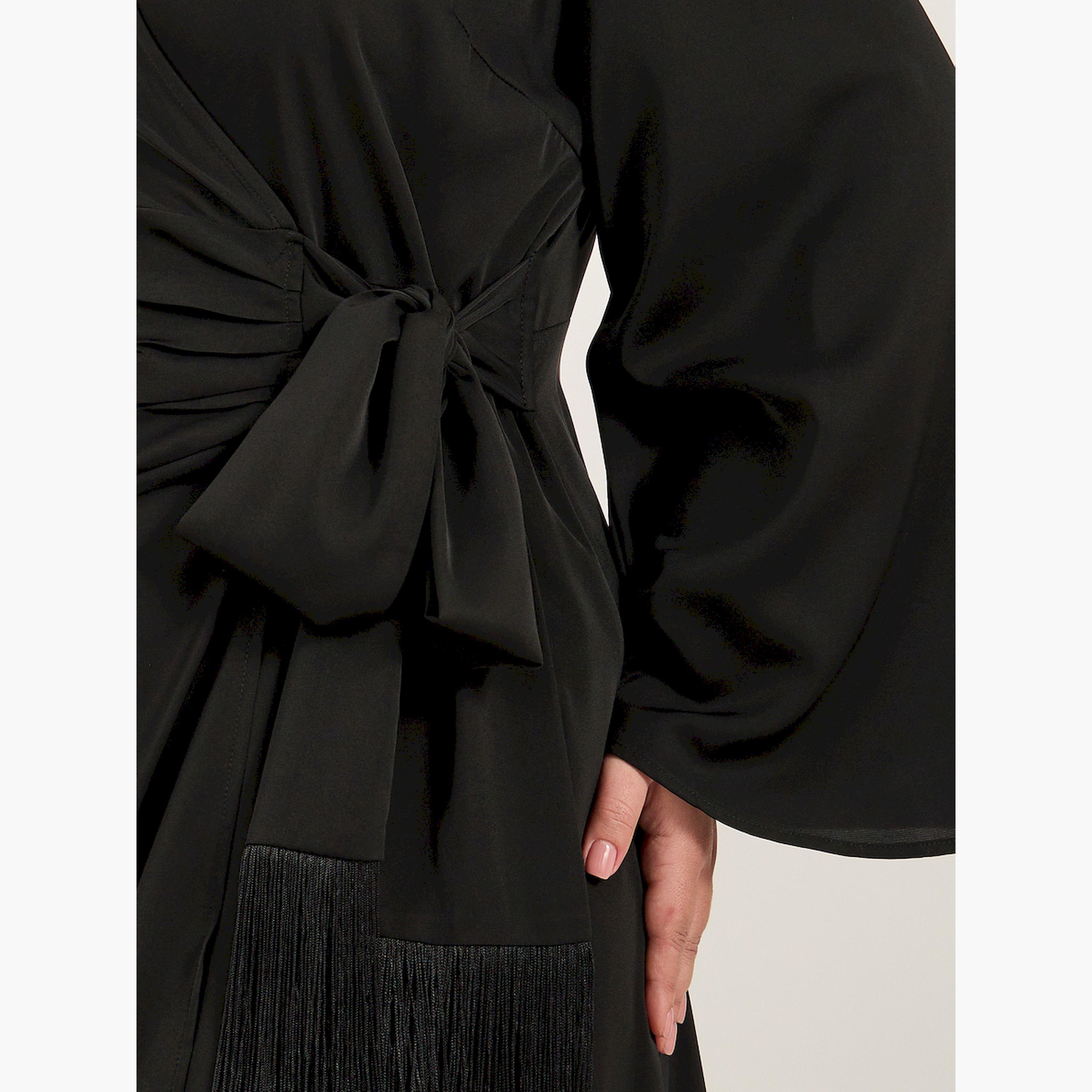 ستايلي - فستان ماكسي بأكمام طويلة ومقاس كبير مع حافة مزينة بالشراشيب-women-clothing-dresses-image-3