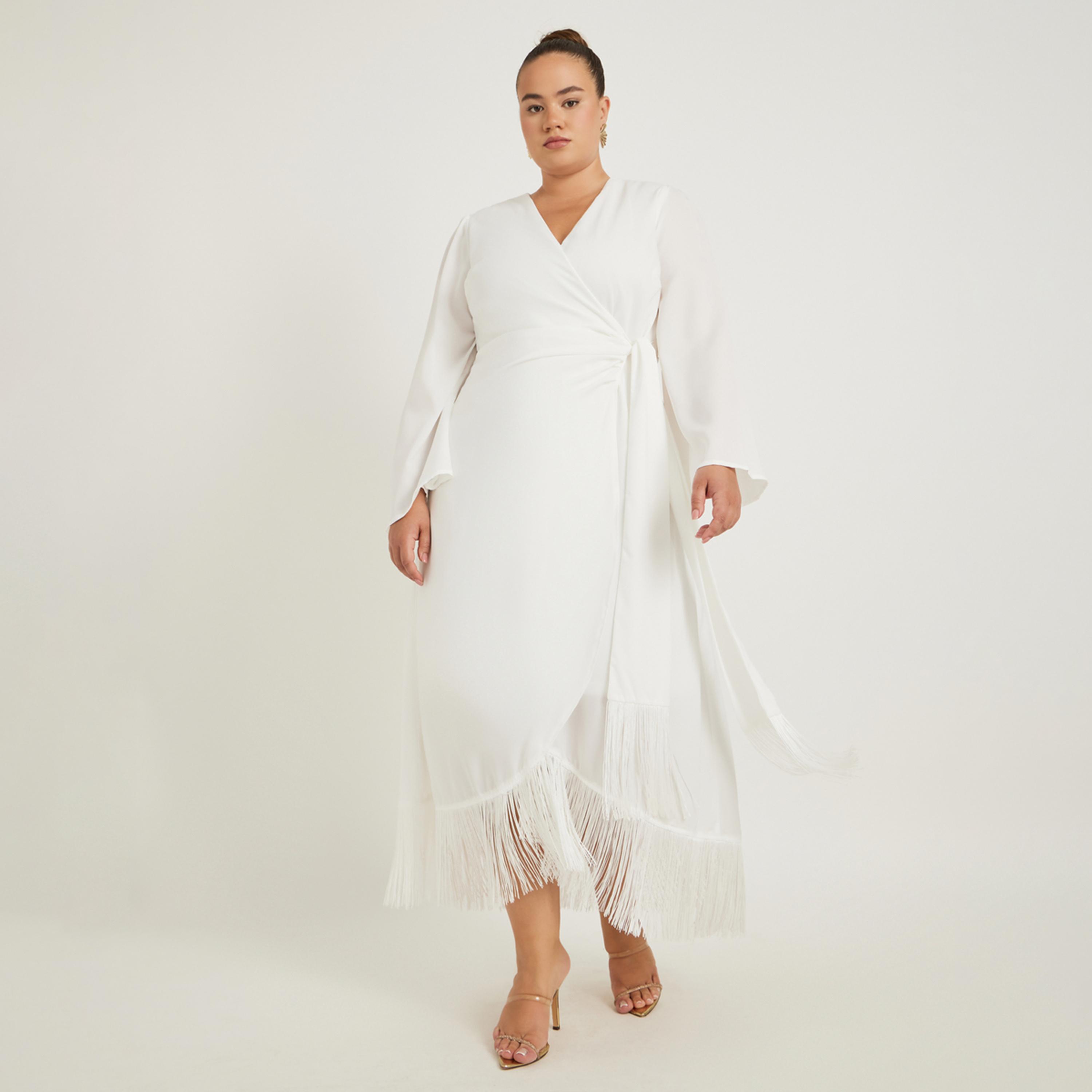 Styli Plus Size Long Sleeves Wrap Maxi Dress with Fringed Hem-women-clothing-dresses-image-2
