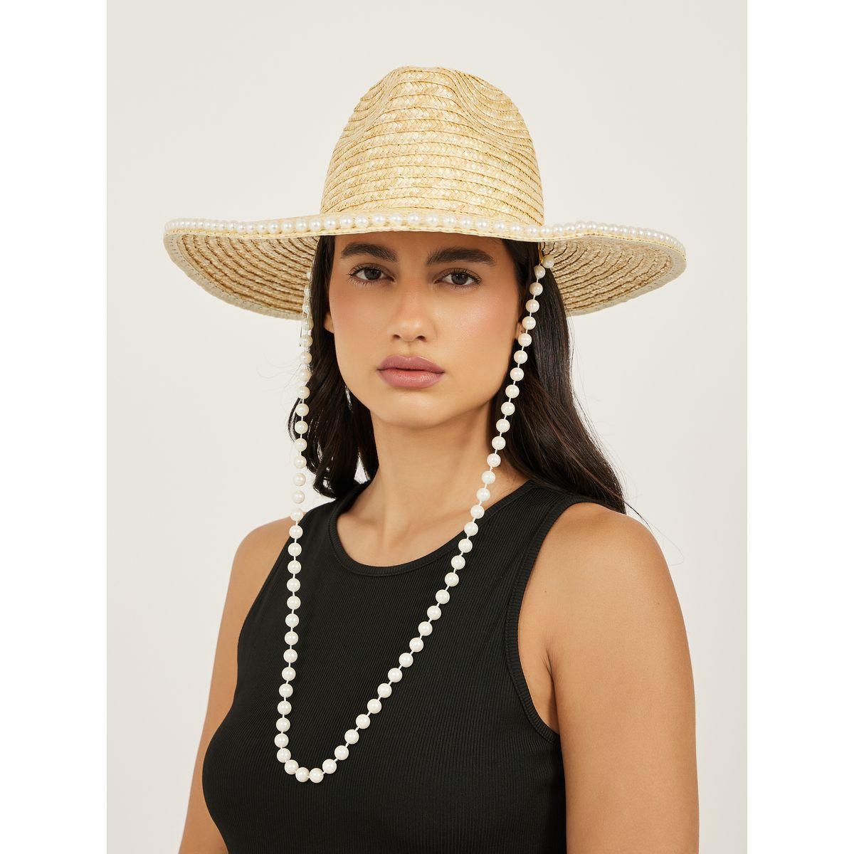 Styli Faux Pearl Embellished Straw Fedora Hat-women-winterwear-capsandhats-image-4