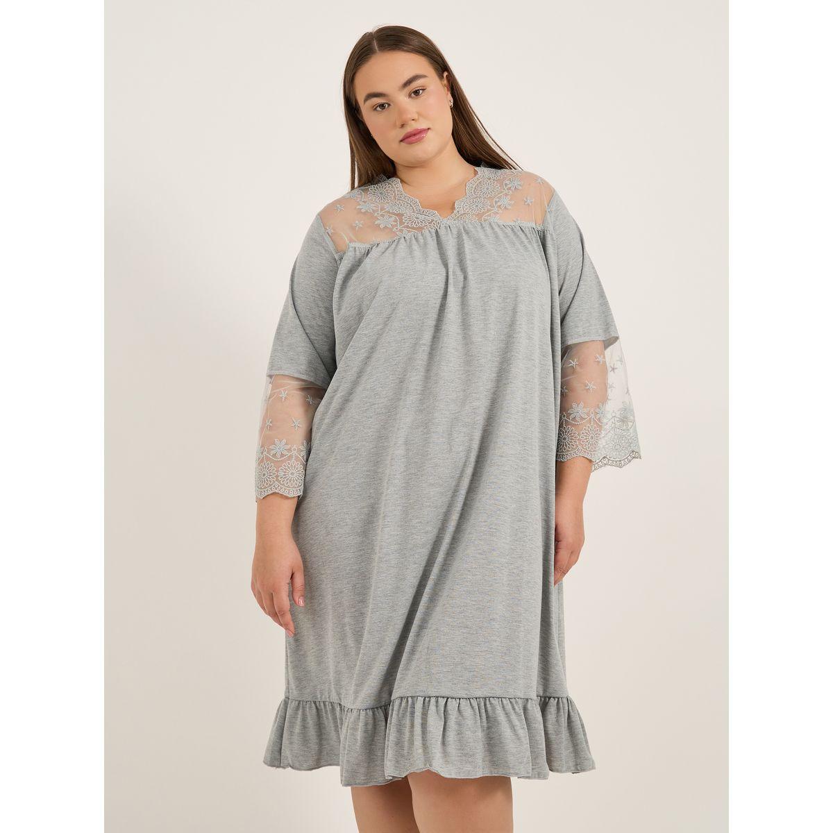 Styli Plus Size Lace Insert V Neck Nightdress-women-clothing-nightwear-nighties-image-2