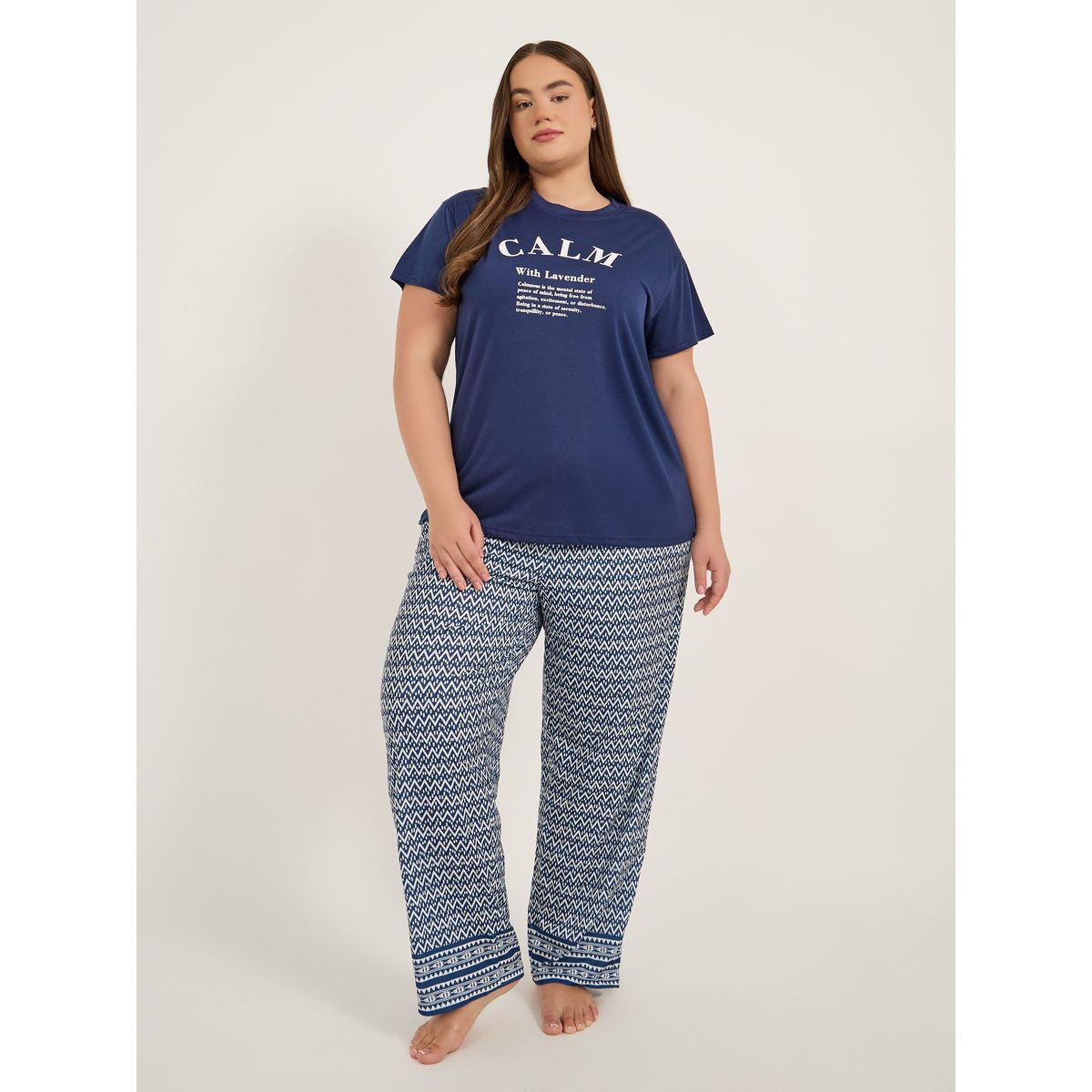 Styli Plus Size Calm Slogan Print T-Shirt and Aztec Print Pyjama Set-women-clothing-nightwear-pyjamas-longsets-image-1