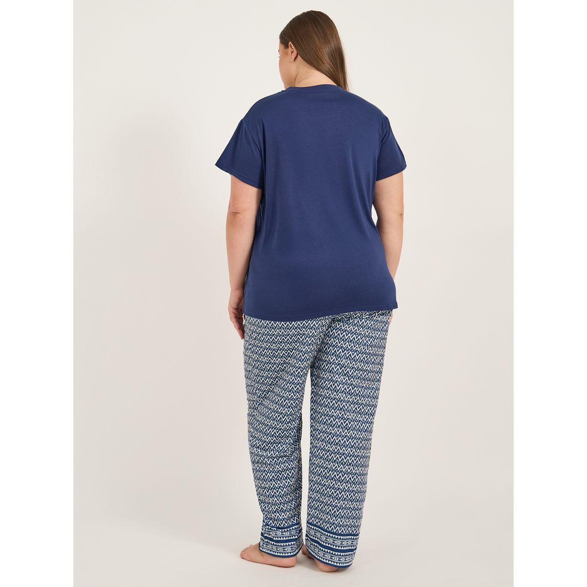 Styli Plus Size Calm Slogan Print T-Shirt and Aztec Print Pyjama Set-women-clothing-nightwear-pyjamas-longsets-image-5