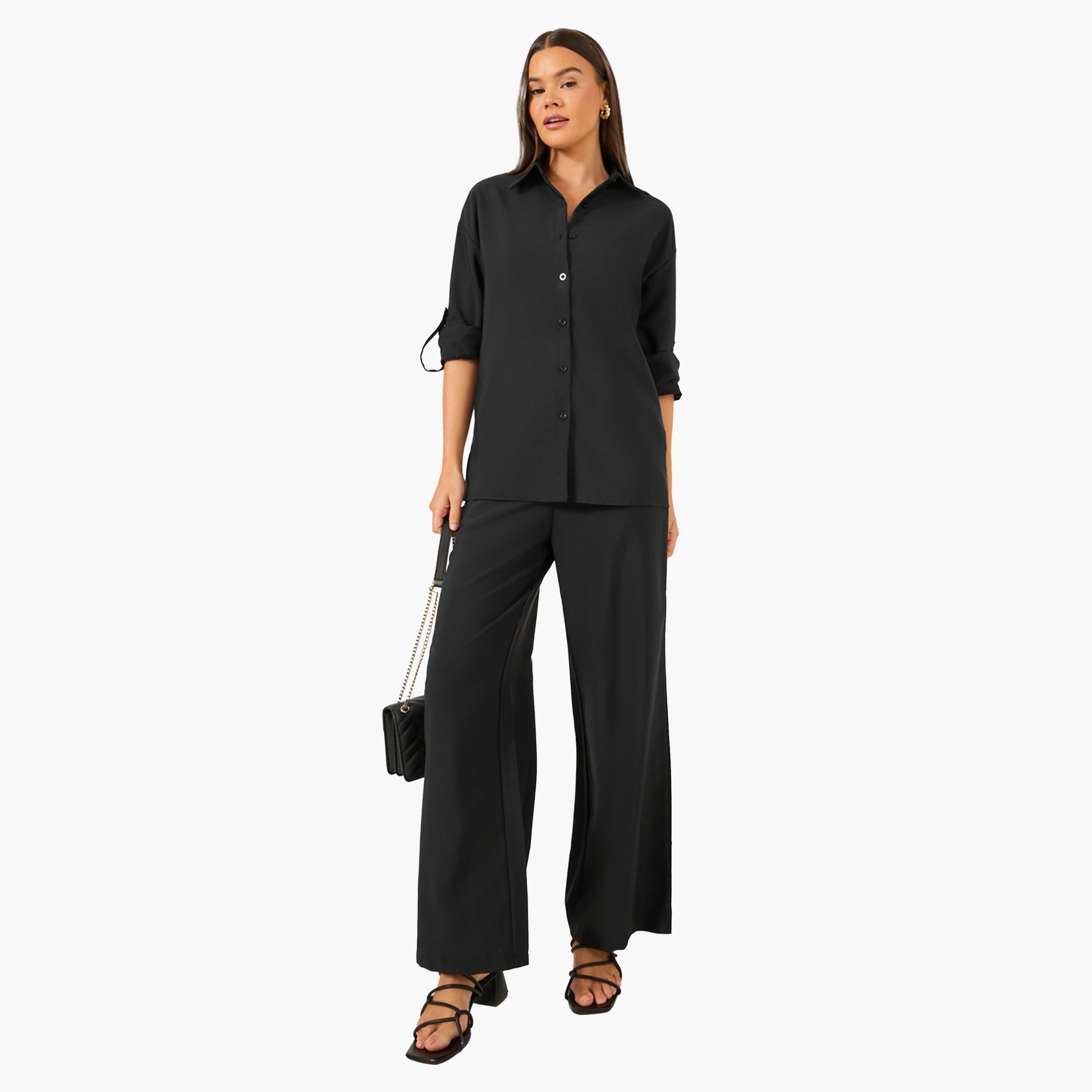 Styli Solid Long Sleeve Shirt and Wide Leg Pants Co-Ords-women-clothing-coordsets-image-1