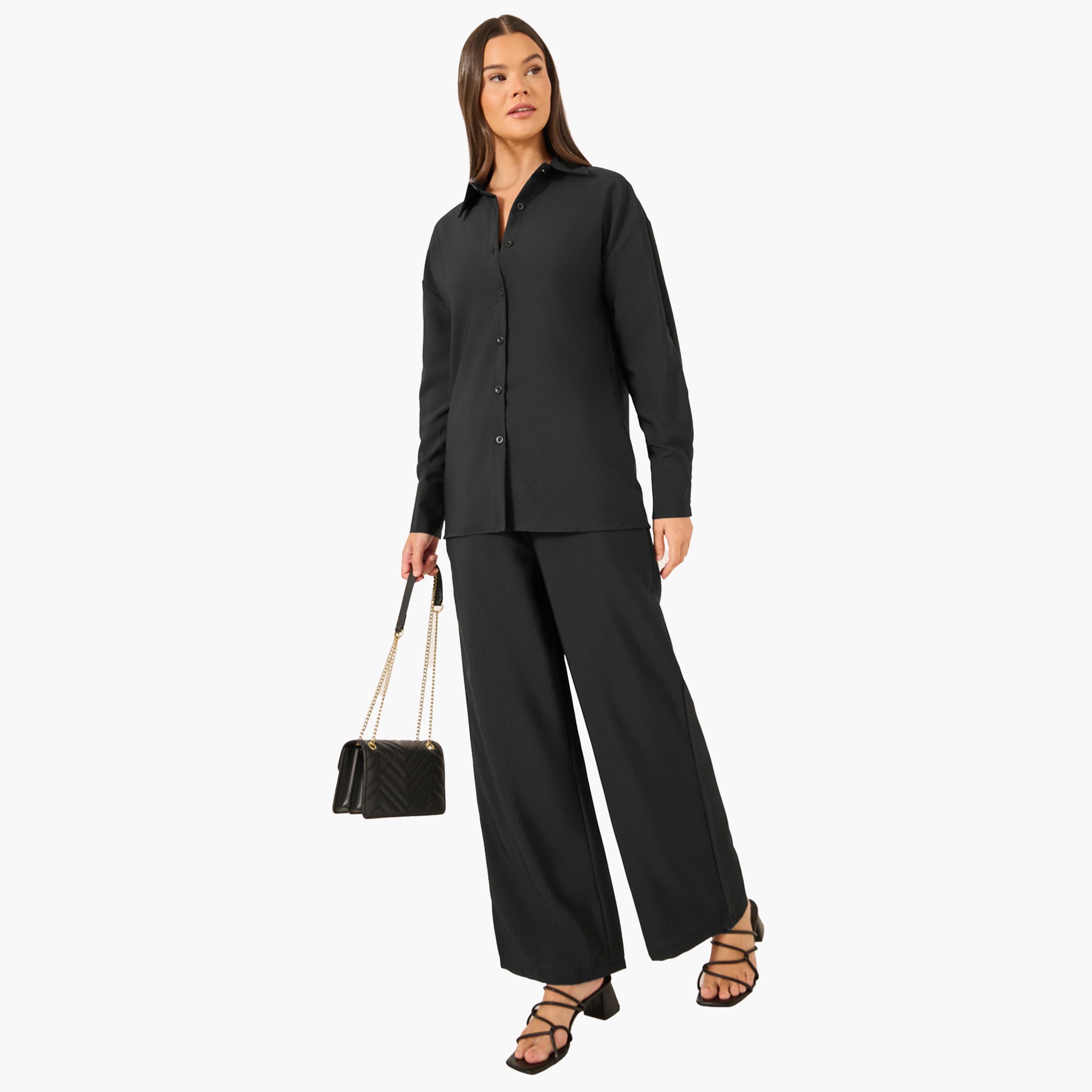 Styli Solid Long Sleeve Shirt and Wide Leg Pants Co-Ords-women-clothing-coordsets-image-2