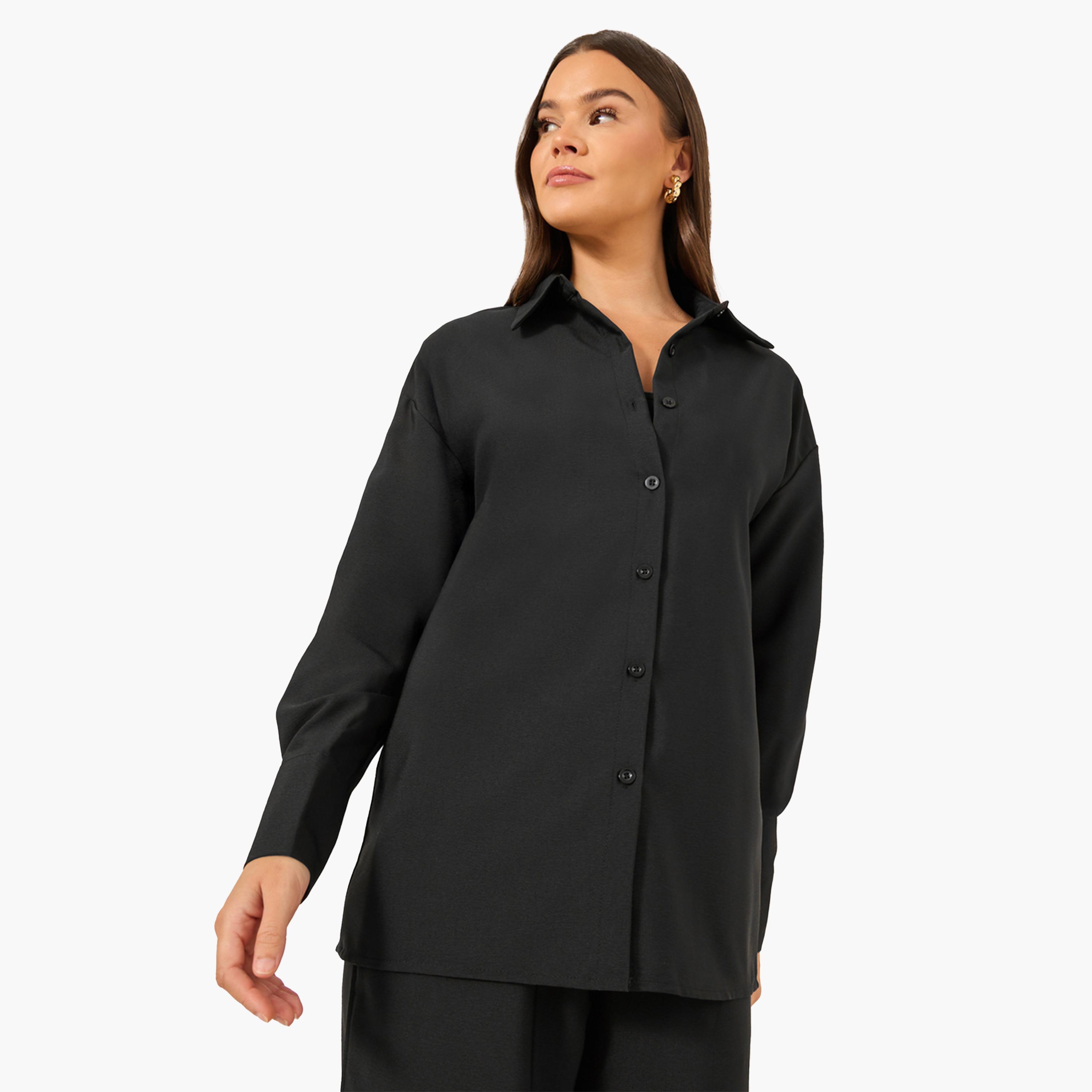 Styli Solid Long Sleeve Shirt and Wide Leg Pants Co-Ords-women-clothing-coordsets-image-3