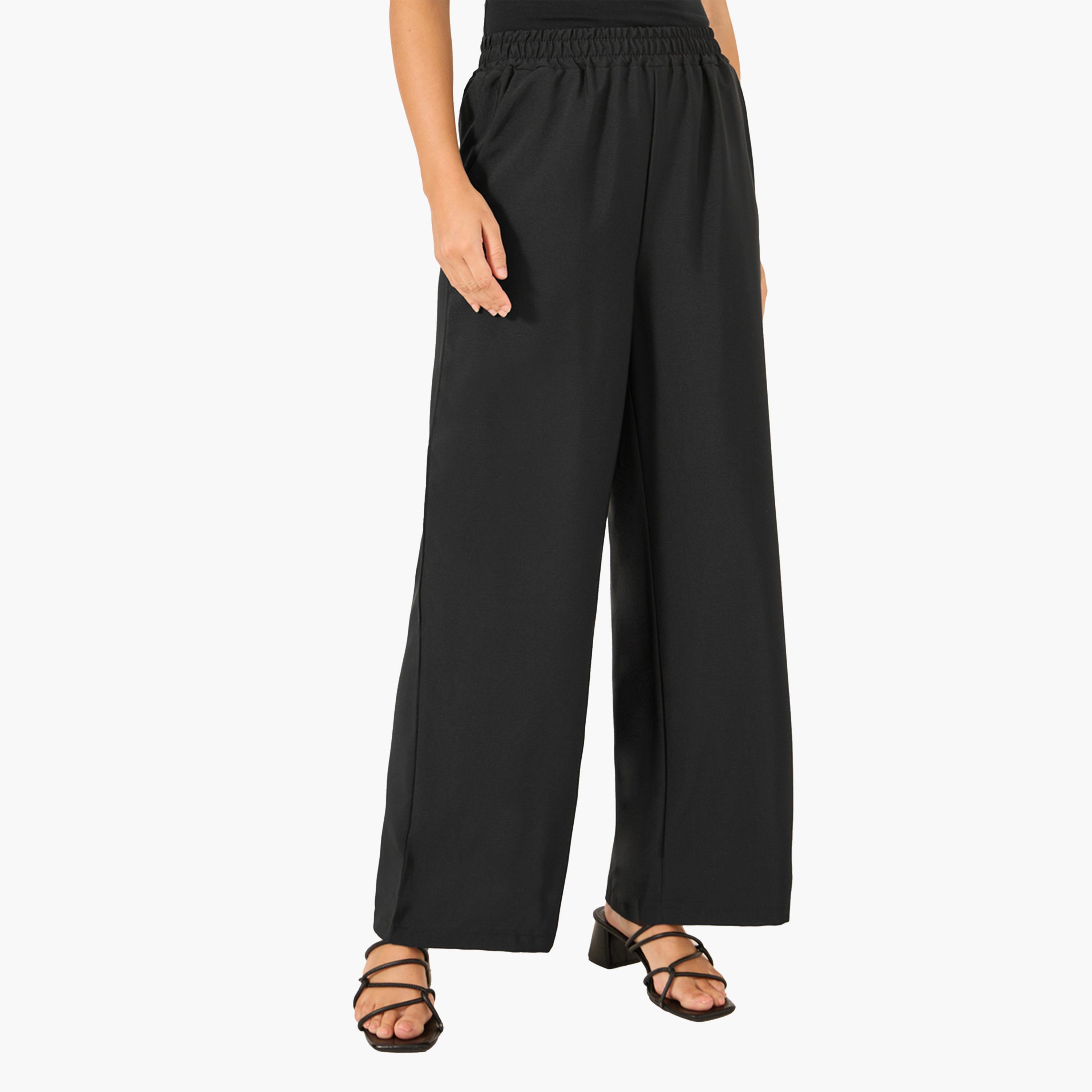 ستايلي - طقم قميص سادة بأكمام طويلة مع بنطال واسع الساق-women-clothing-coordsets-image-5