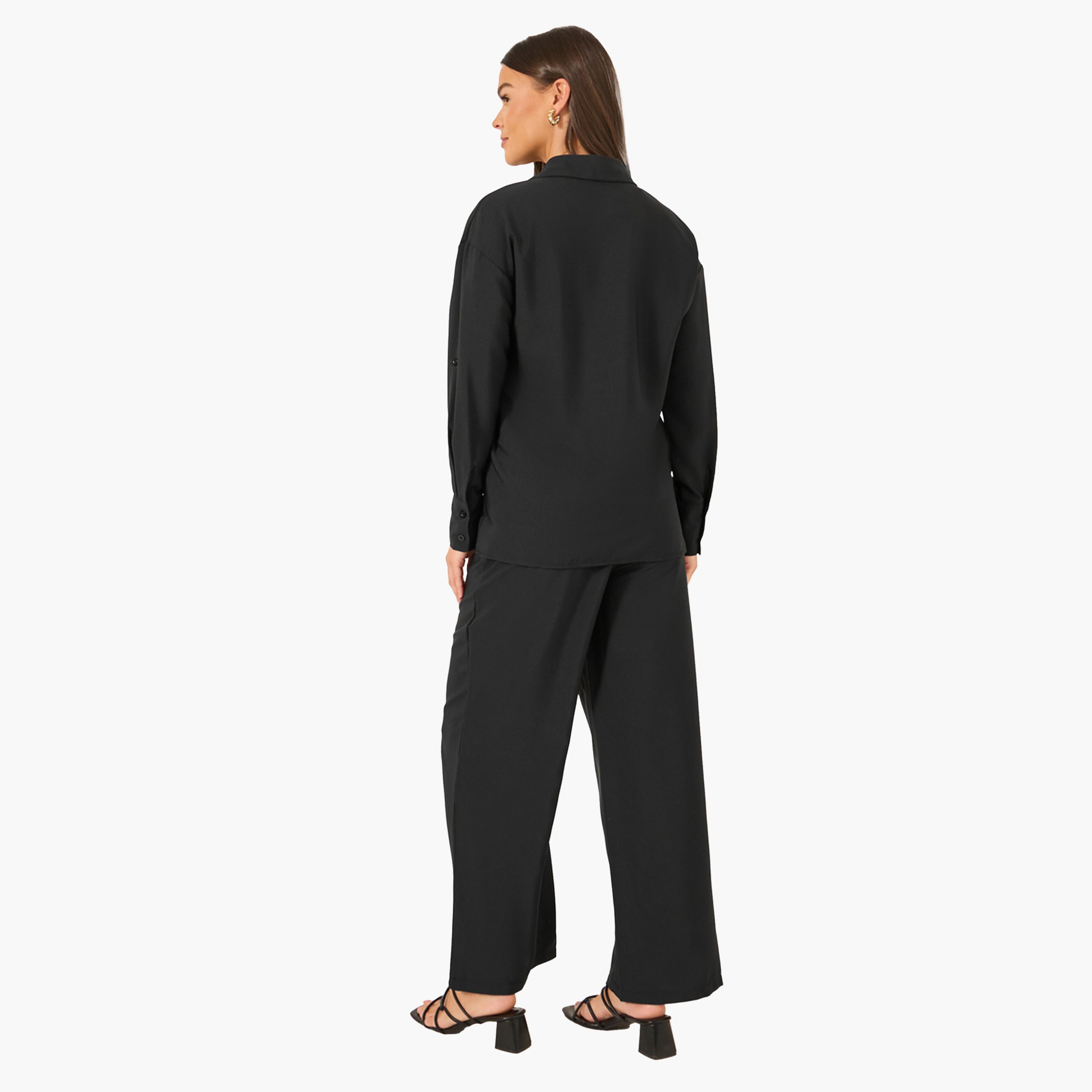 Styli Solid Long Sleeve Shirt and Wide Leg Pants Co-Ords-women-clothing-coordsets-image-7