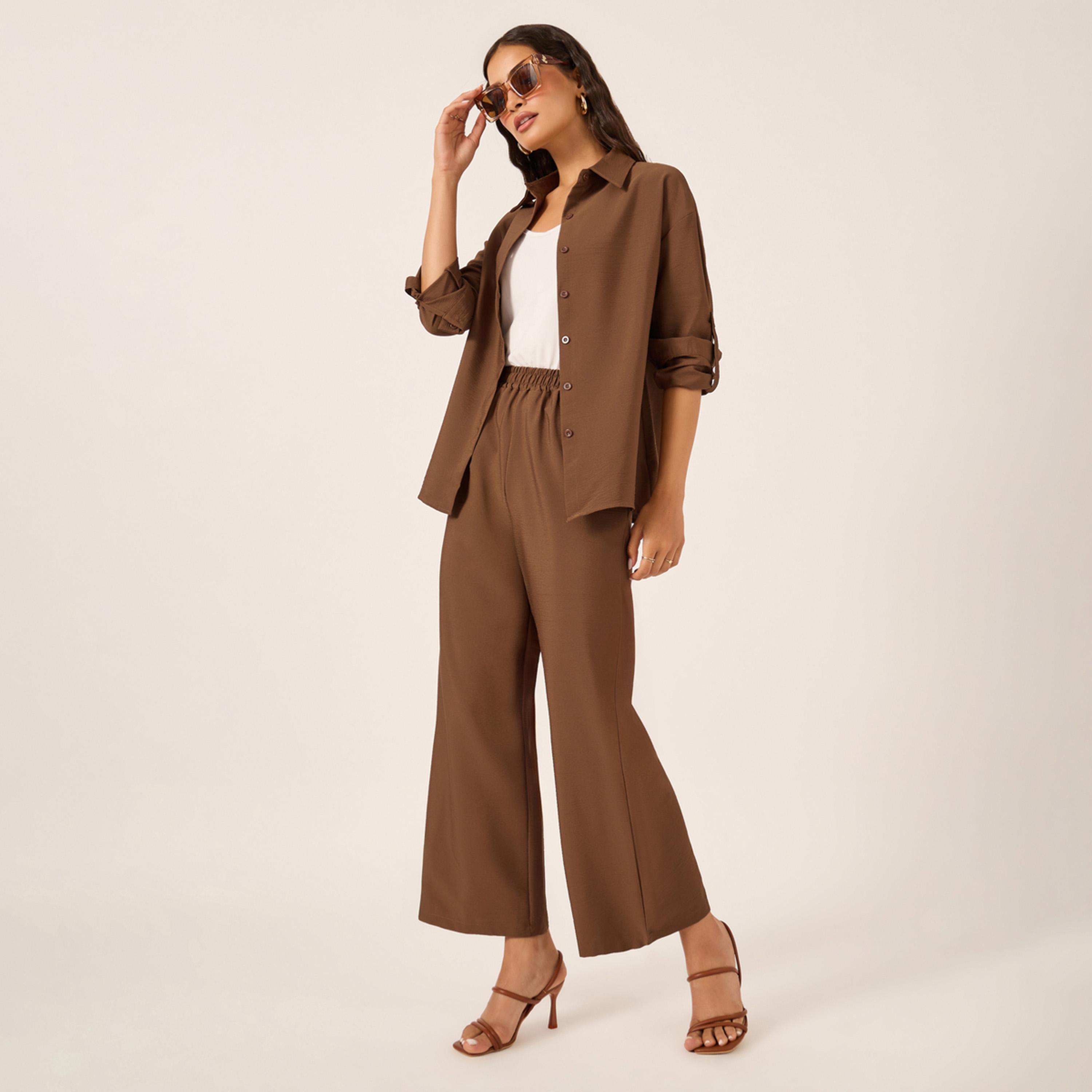 Styli Oversized Spread Collar Shirt and Wide Leg Pants Set-women-clothing-coordsets-image-1