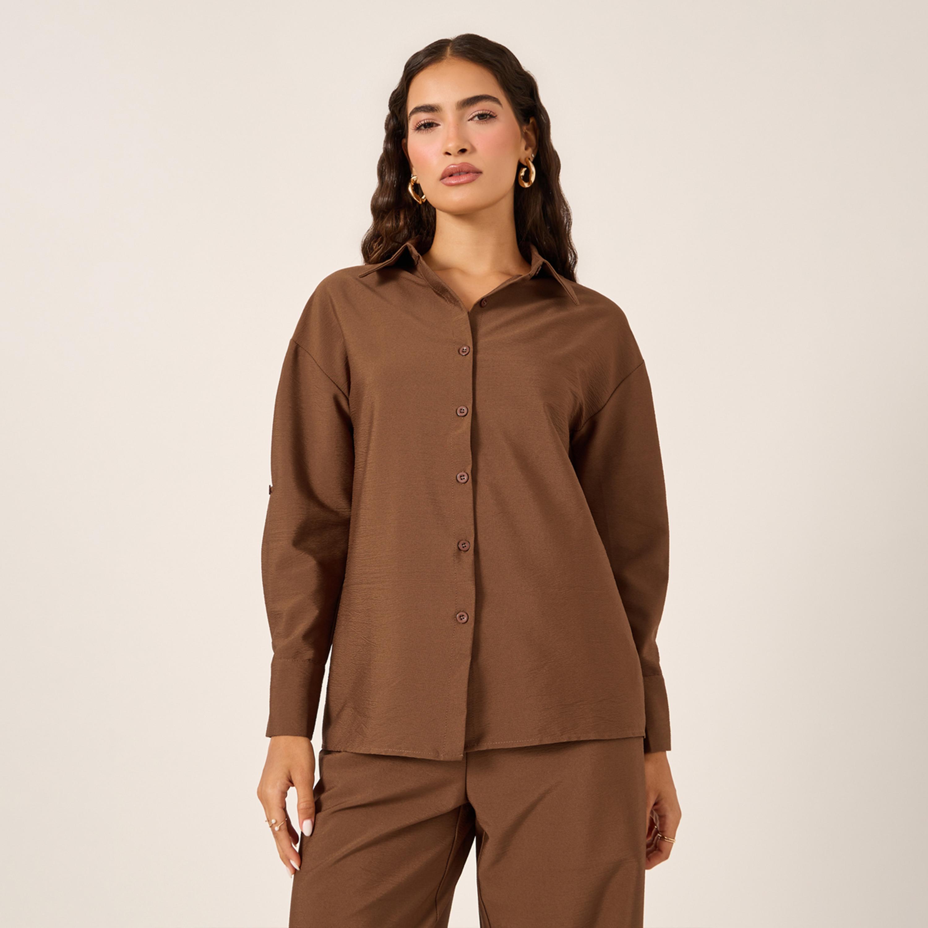 Styli Oversized Spread Collar Shirt and Wide Leg Pants Set-women-clothing-coordsets-image-2
