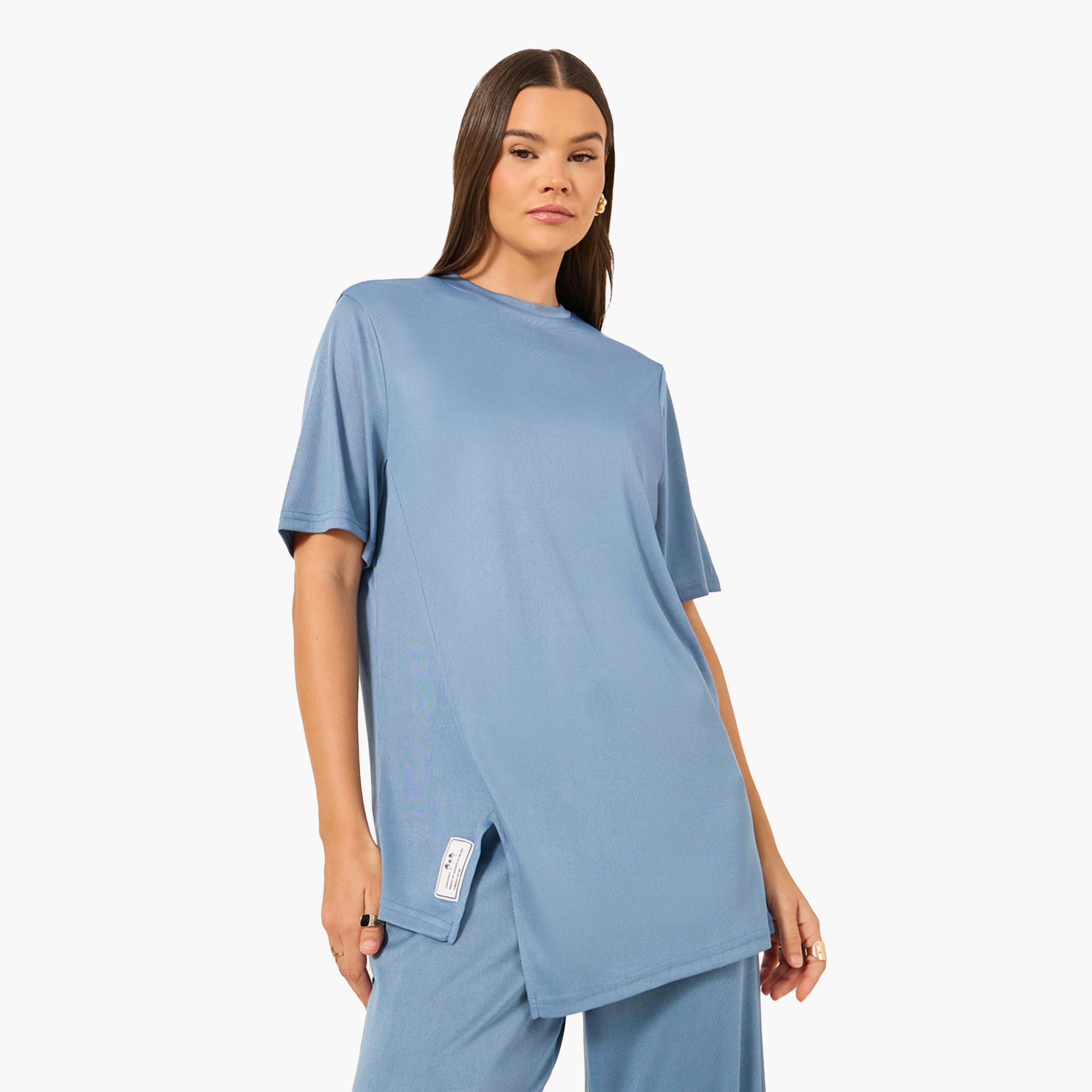 ستايلي - طقم قميص سادة كبير الحجم مع بنطال رياضي واسع الساق-women-clothing-coordsets-image-2