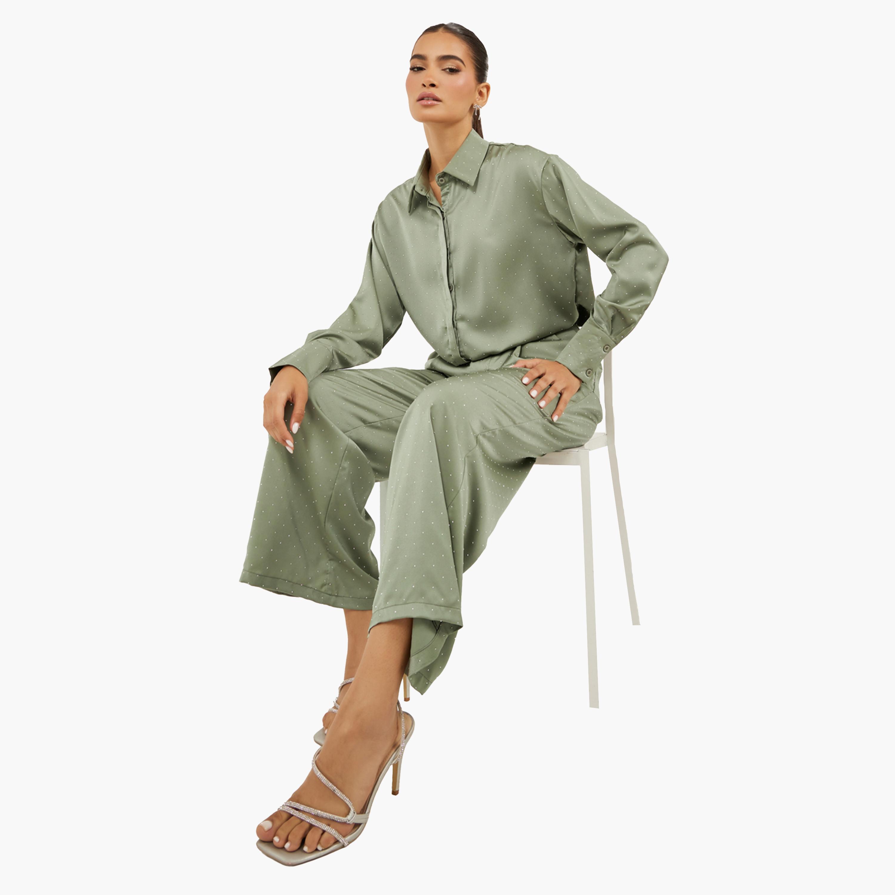 ستايلي - طقم قميص مزخرف كبير الحجم مع بنطال واسع الساق-women-clothing-coordsets-image-1
