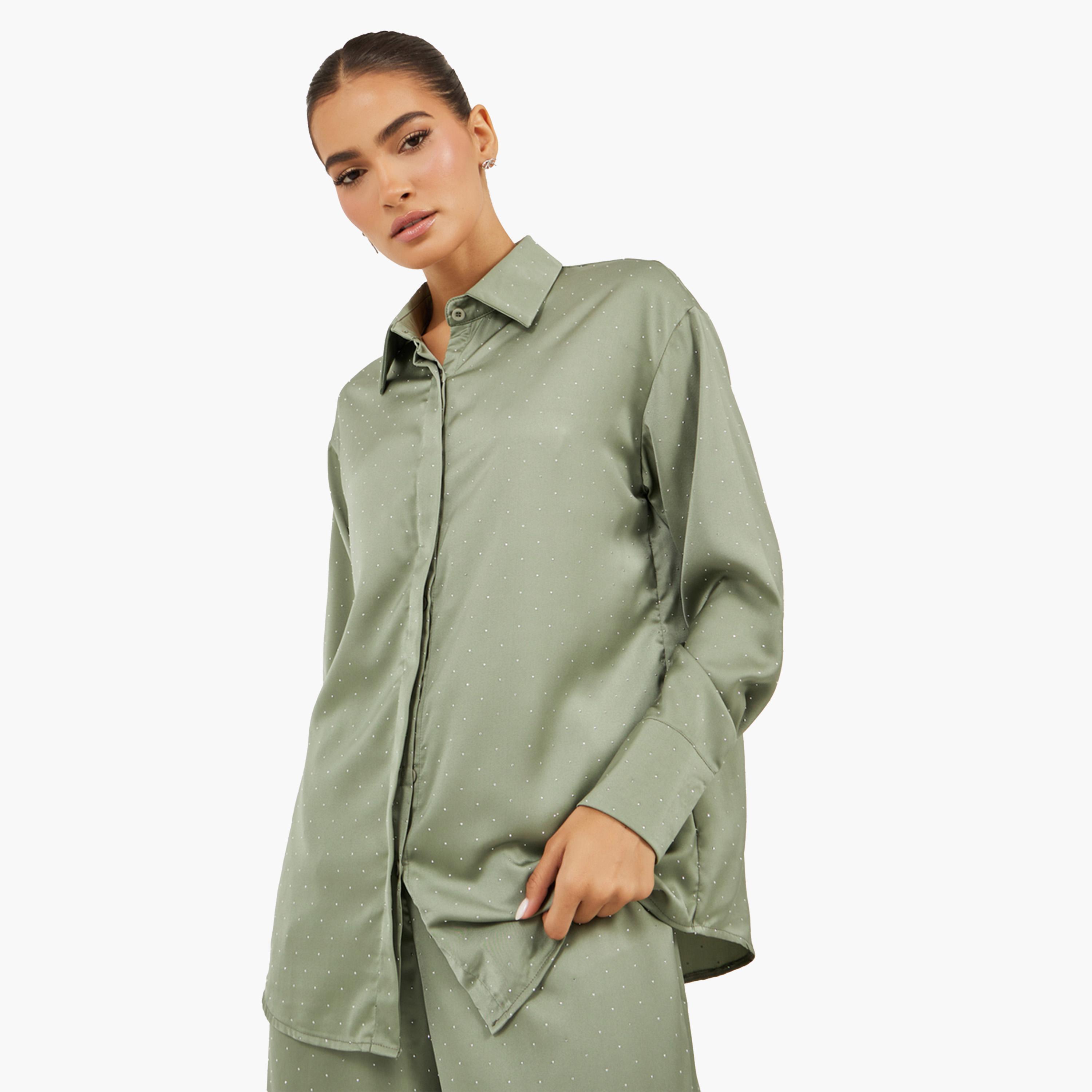 Styli Oversized Embellished Shirt and Wide Leg Pants Co-Ords-women-clothing-coordsets-image-4