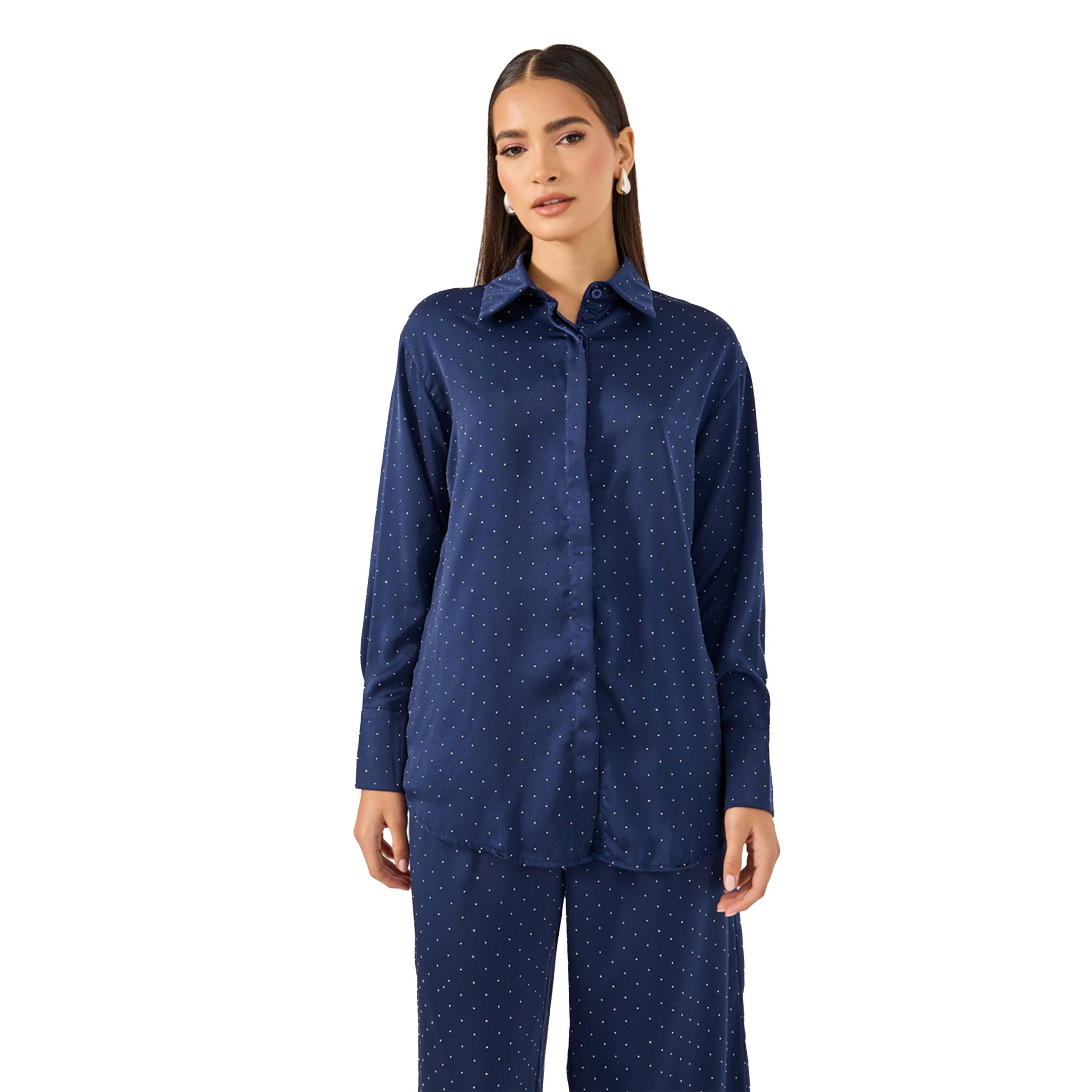 ستايلي - طقم قميص مزخرف كبير الحجم مع بنطال واسع الساق-women-clothing-coordsets-image-3