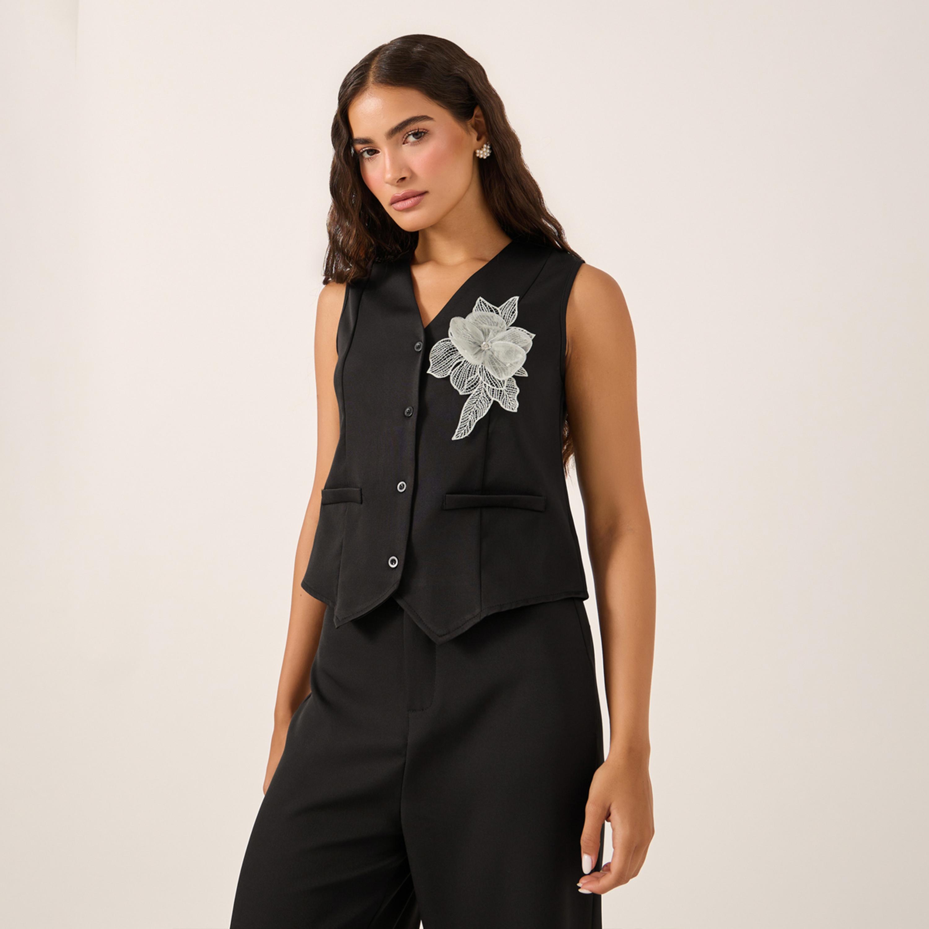 Styli Embellished Textured Waistcoat and Wide Leg Pants Co-Ords-women-clothing-coordsets-image-2