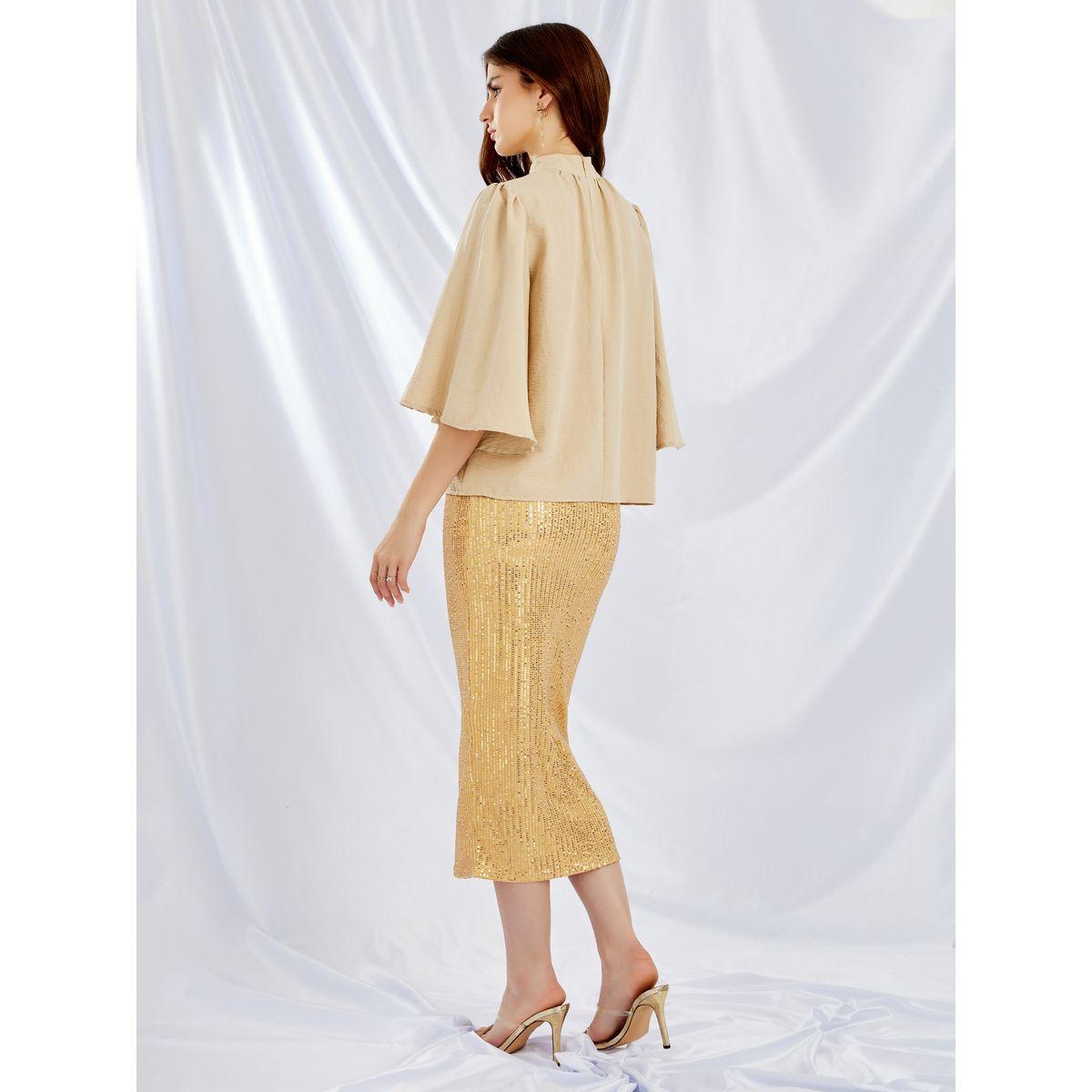 طقم منسق من تنورة منمقة بالترتر مع بلوزة سادة بياقة عالية-women-clothing-coordsets-image-5
