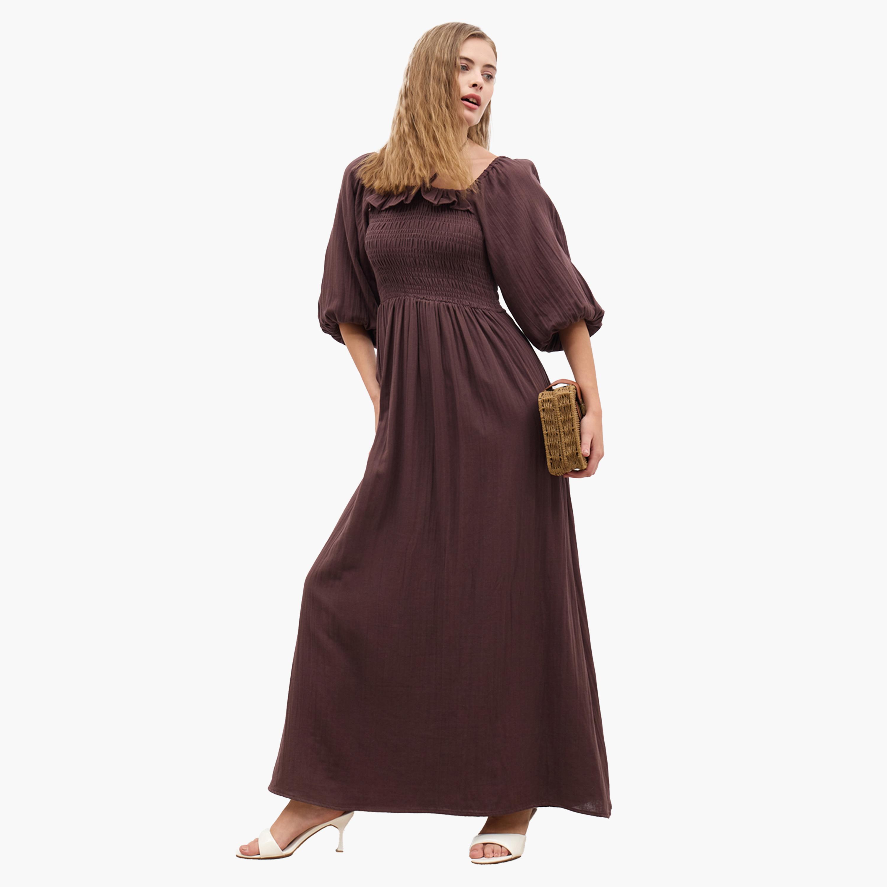 Styli Plain Balloon Sleeves A-Line Maxi Dress with Smocked Detail-women-clothing-dresses-image-1
