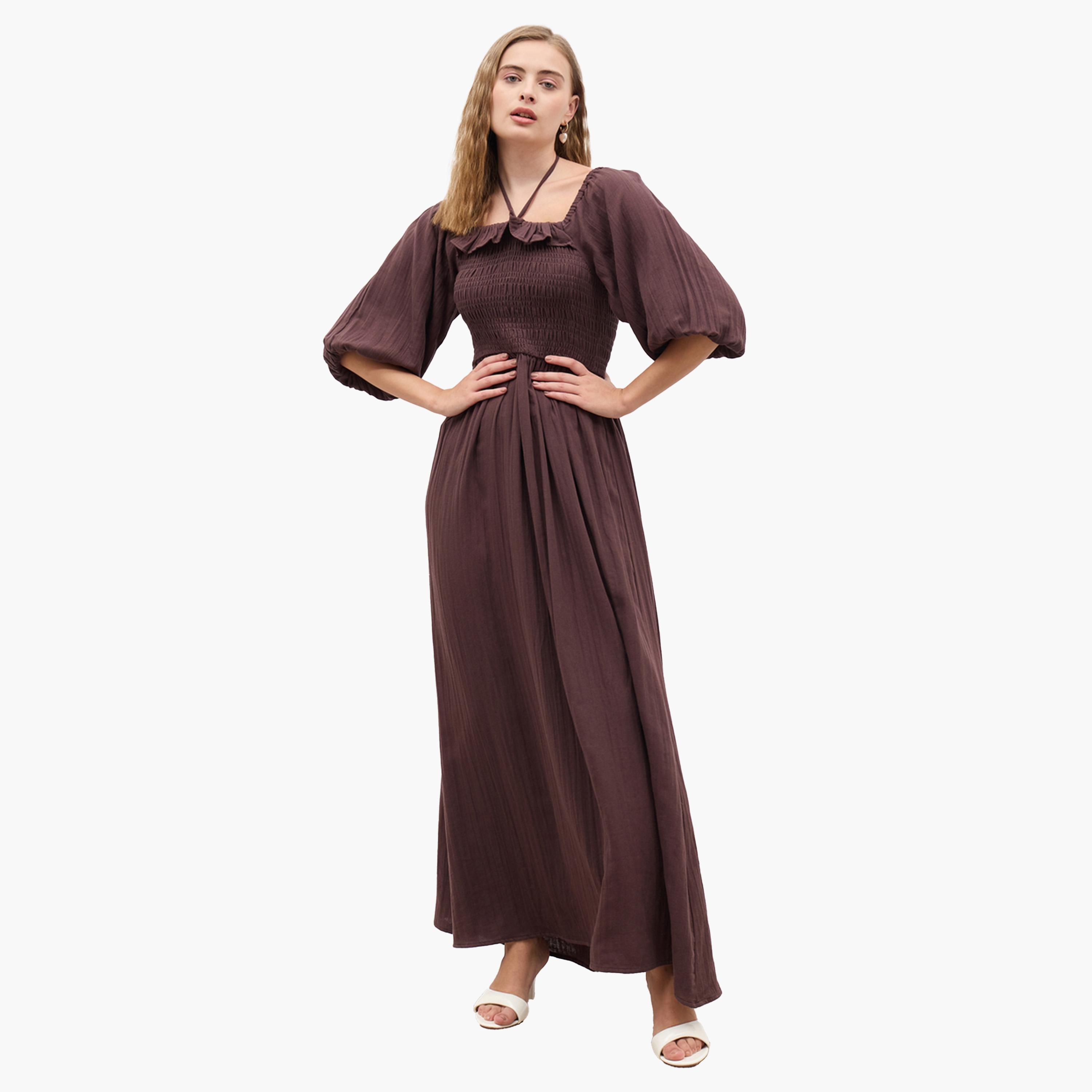 Styli Plain Balloon Sleeves A-Line Maxi Dress with Smocked Detail-women-clothing-dresses-image-2