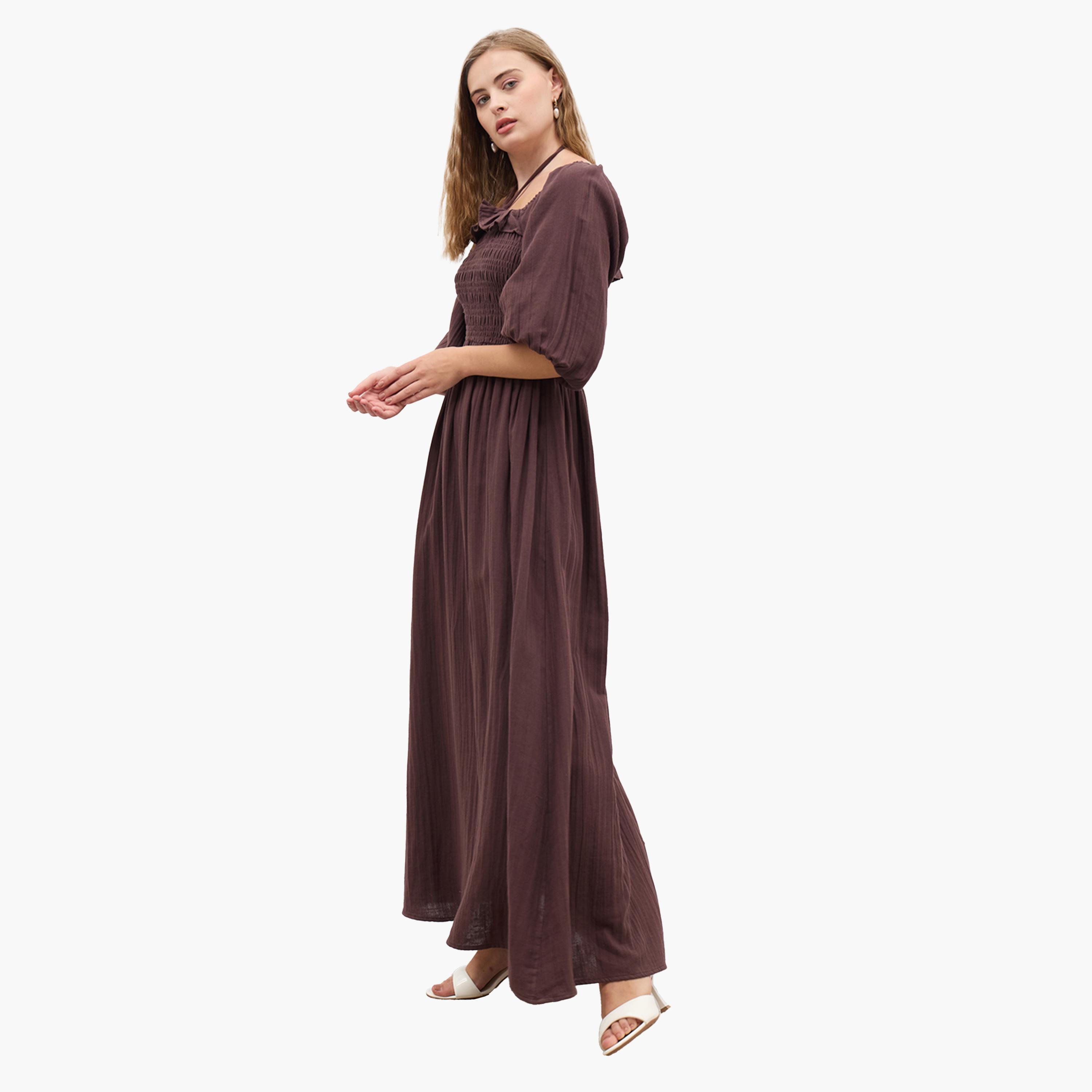 Styli Plain Balloon Sleeves A-Line Maxi Dress with Smocked Detail-women-clothing-dresses-image-3