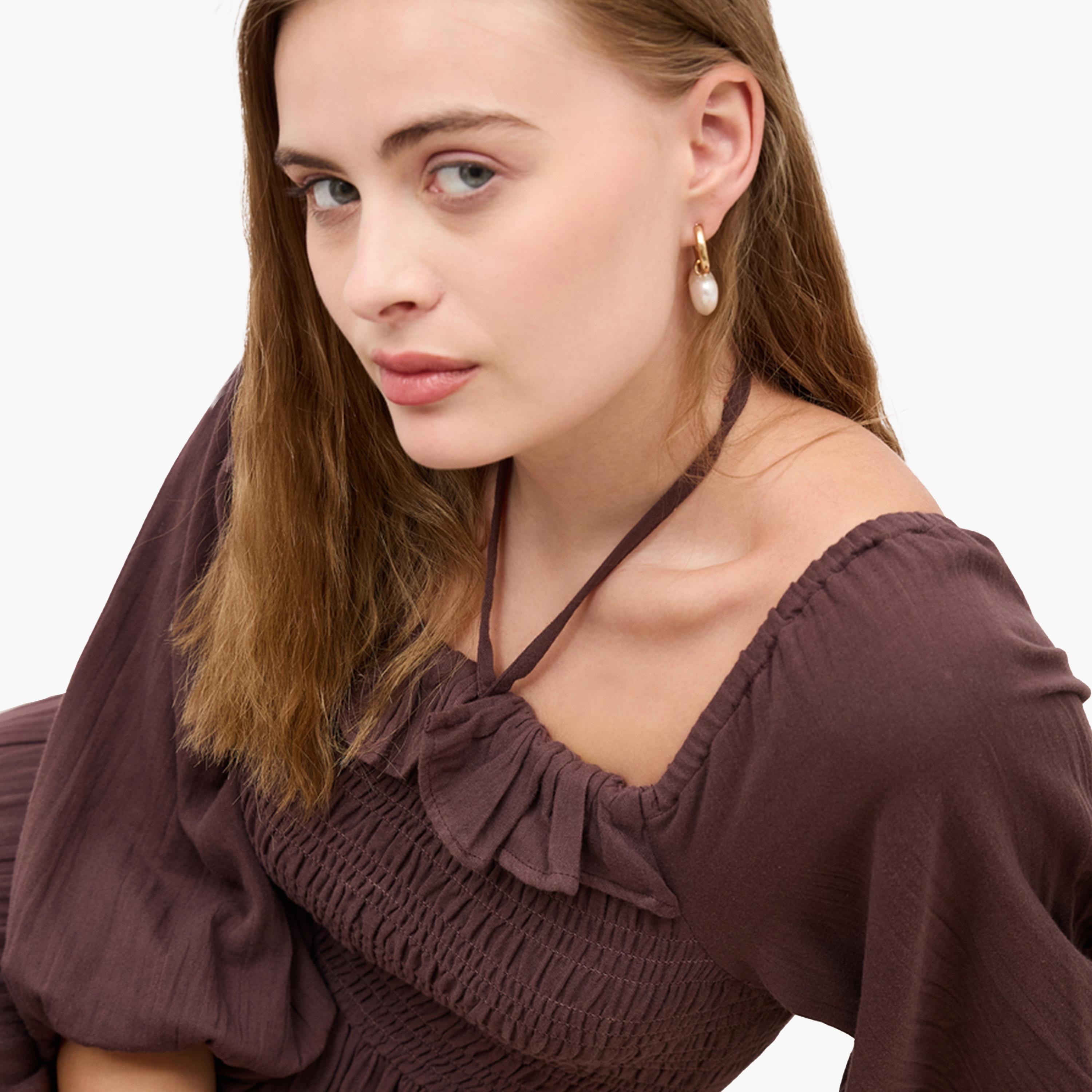 Styli Plain Balloon Sleeves A-Line Maxi Dress with Smocked Detail-women-clothing-dresses-image-4