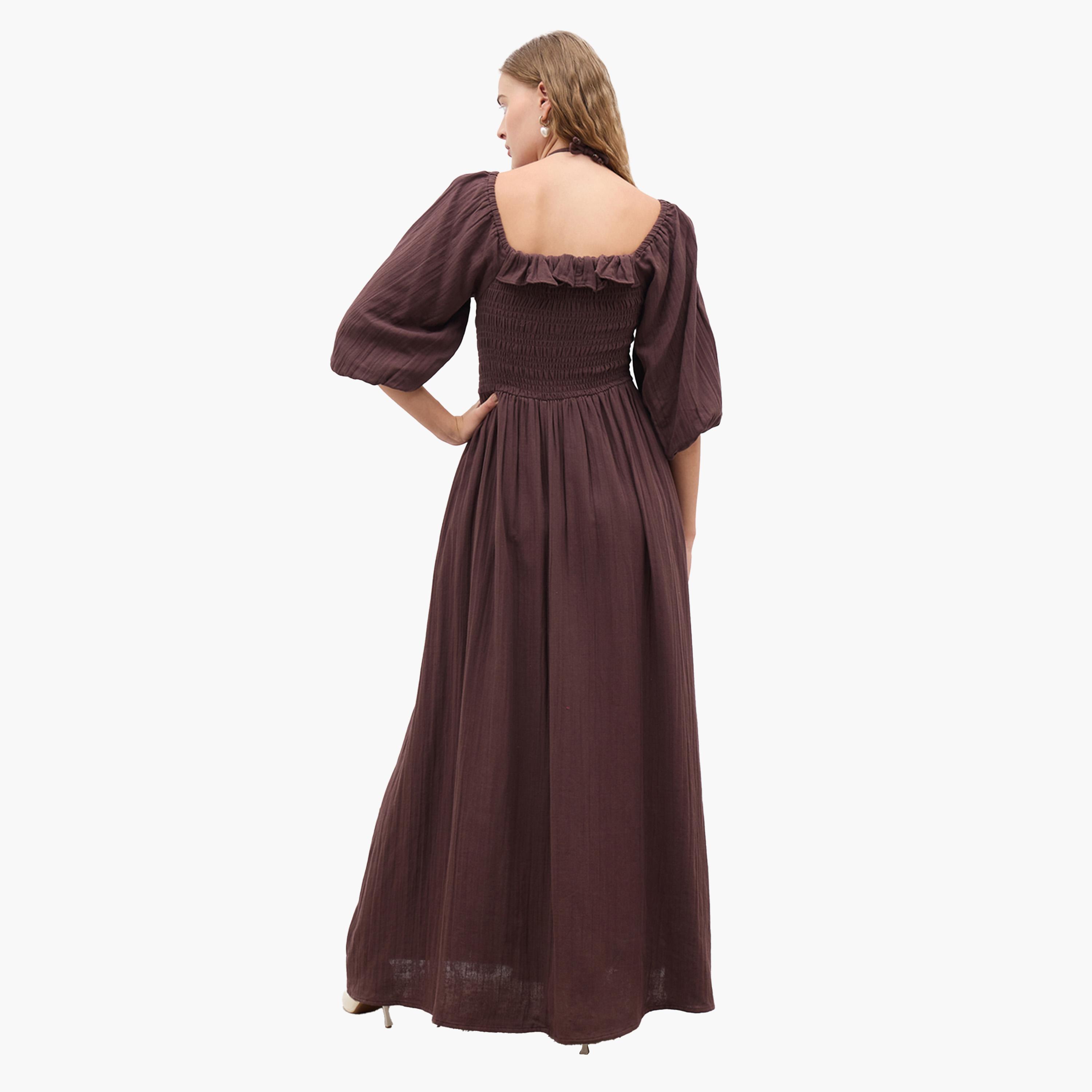 ستايلي - فستان ماكسي سادة بأكمام منفوخة وقصة A مع تفاصيل مطرزة-women-clothing-dresses-image-5