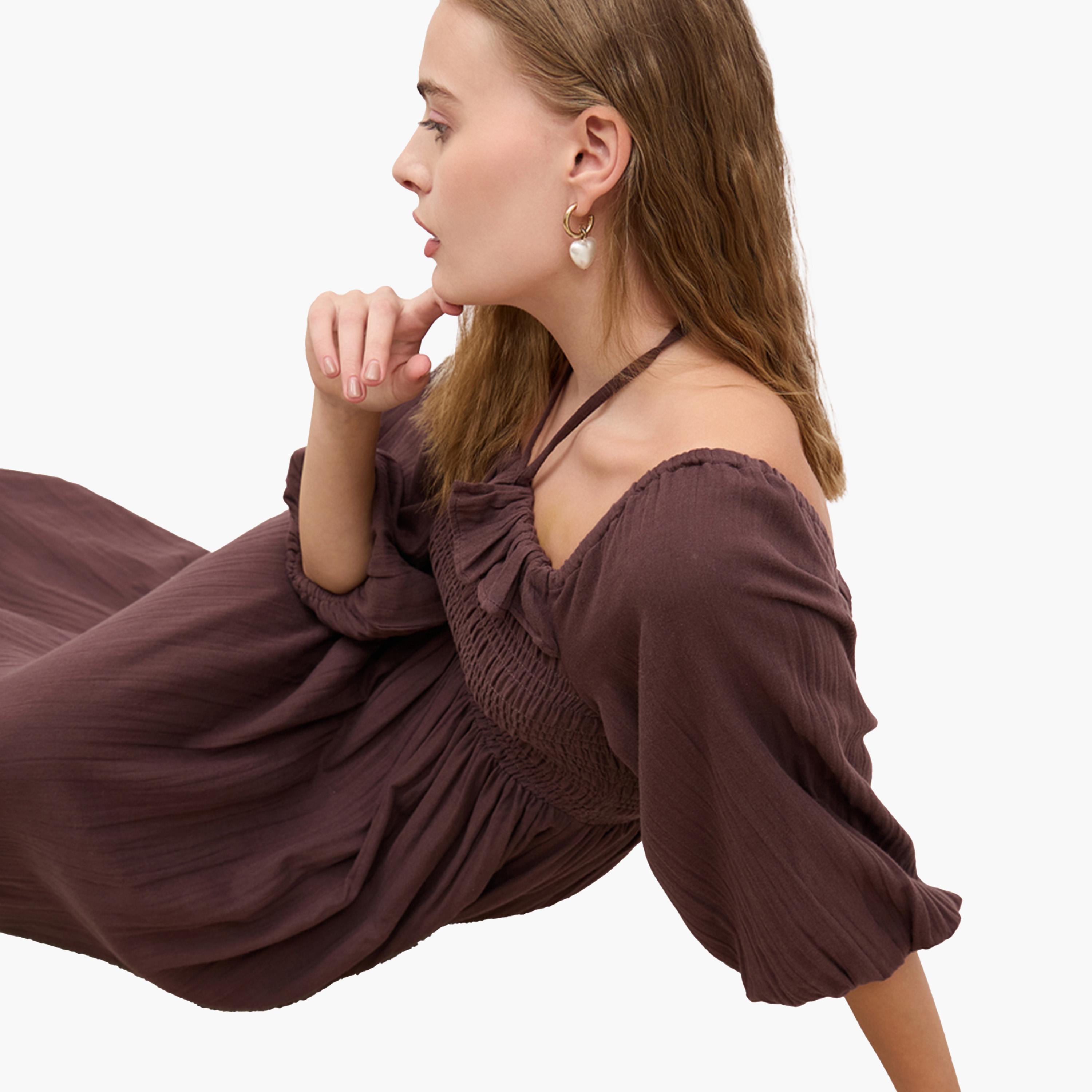 ستايلي - فستان ماكسي سادة بأكمام منفوخة وقصة A مع تفاصيل مطرزة-women-clothing-dresses-image-6