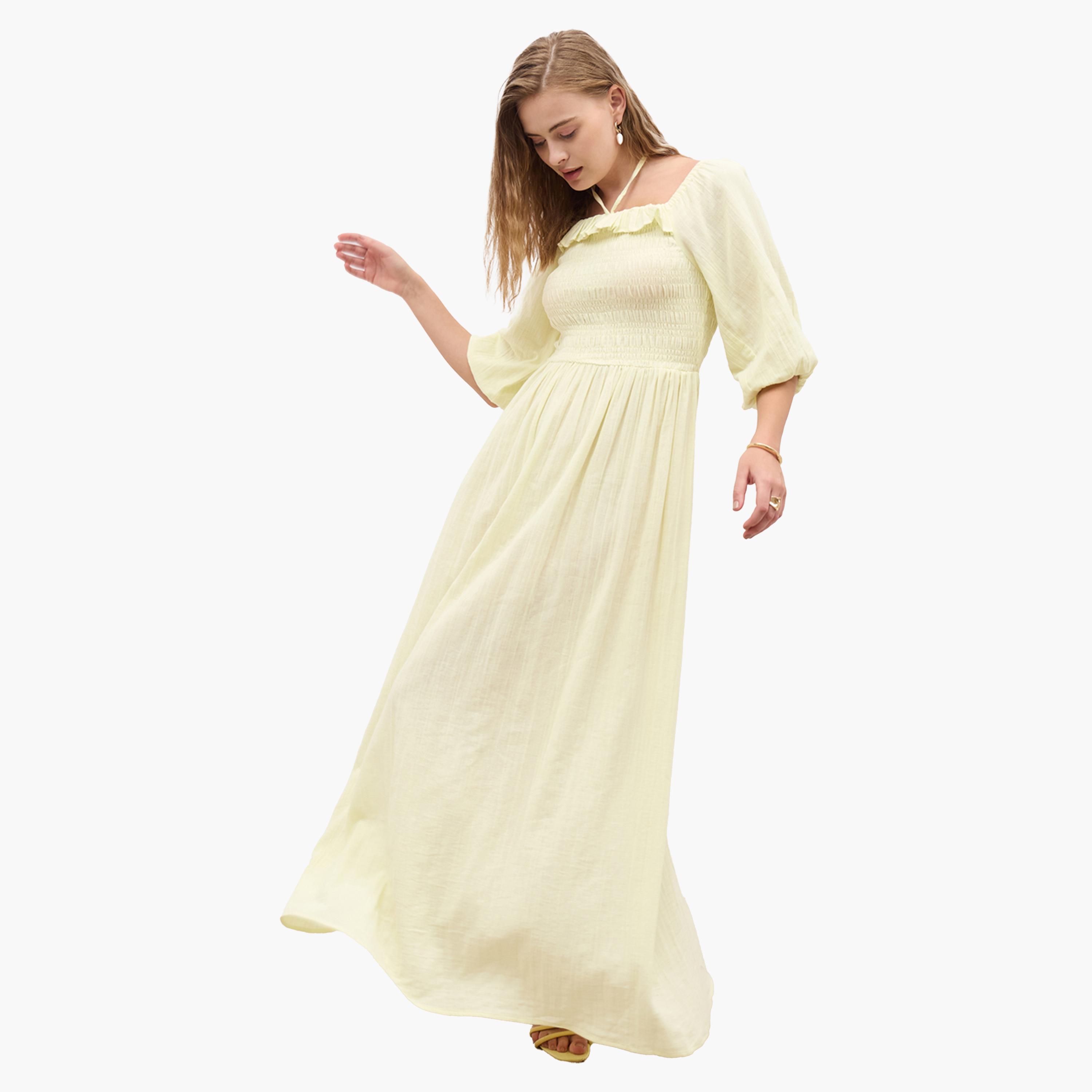 ستايلي - فستان ماكسي سادة بأكمام منفوخة وقصة A مع تفاصيل مطرزة-women-clothing-dresses-image-1
