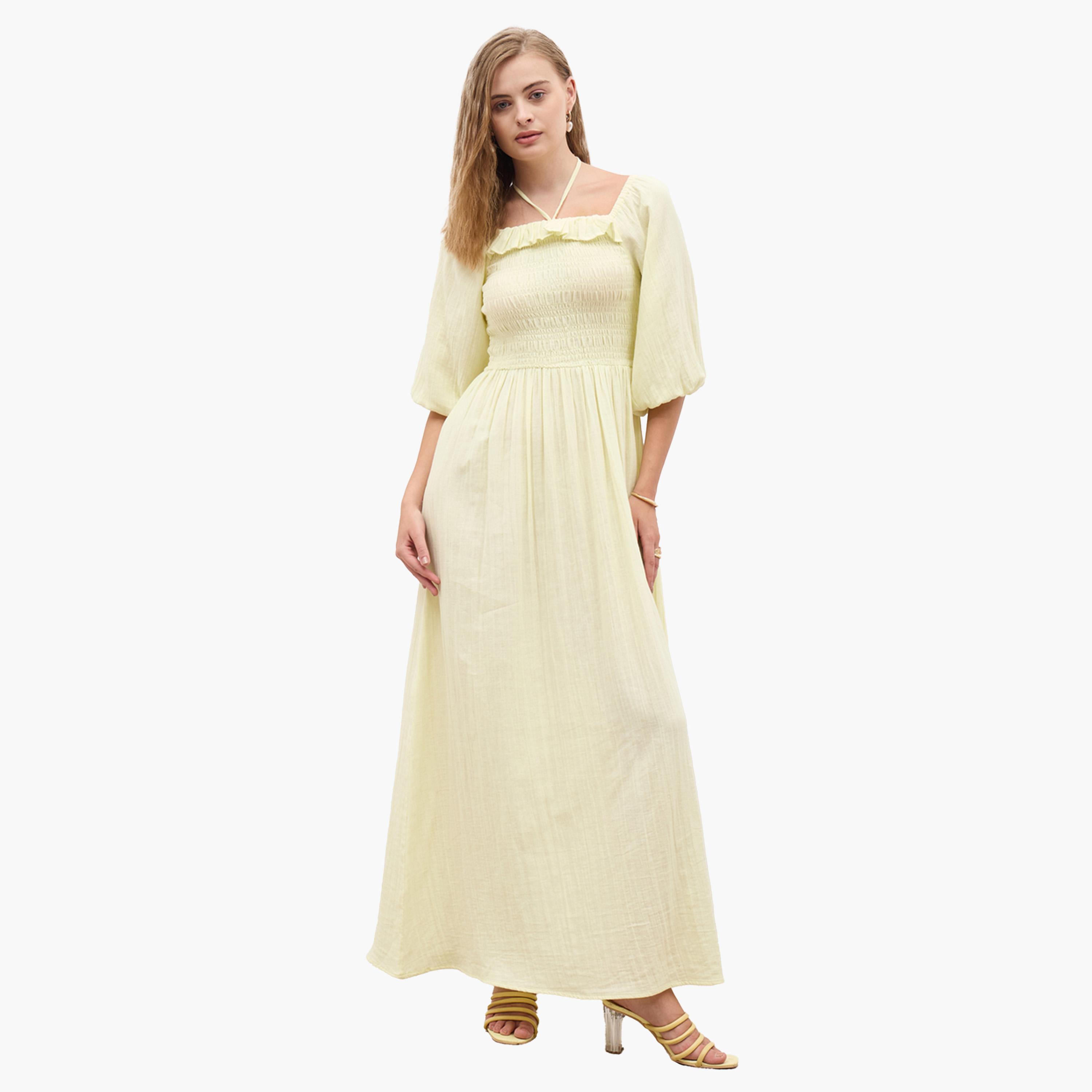 Styli Plain Balloon Sleeves A-Line Maxi Dress with Smocked Detail-women-clothing-dresses-image-2